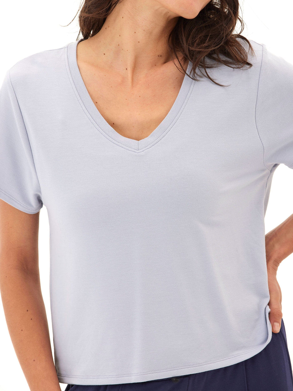 Minimalist light blue short-sleeve V-neck tee made from soft Modal Terry knit fabric