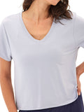 Minimalist light blue short-sleeve V-neck tee made from soft Modal Terry knit fabric