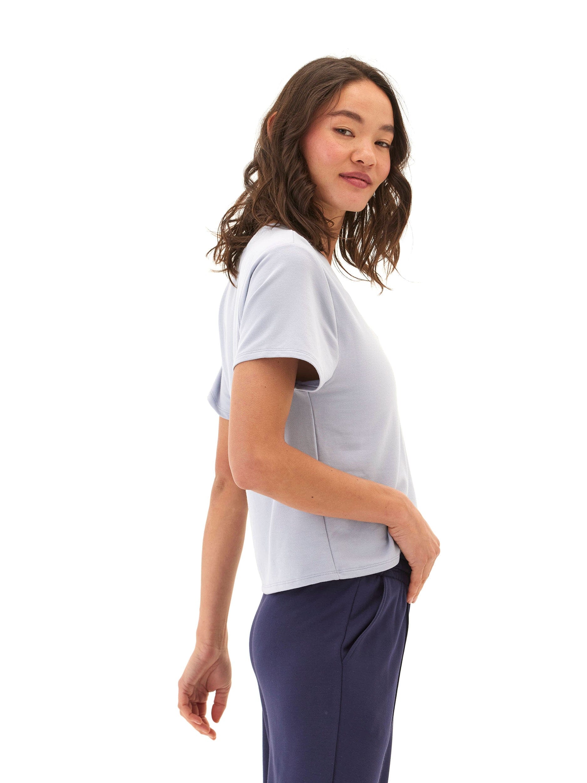 Core Modal Terry V-Neck Tee in Light Blue