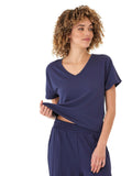 Model wearing a soft Core Modal Terry V-Neck Tee in a relaxed, flattering fit.