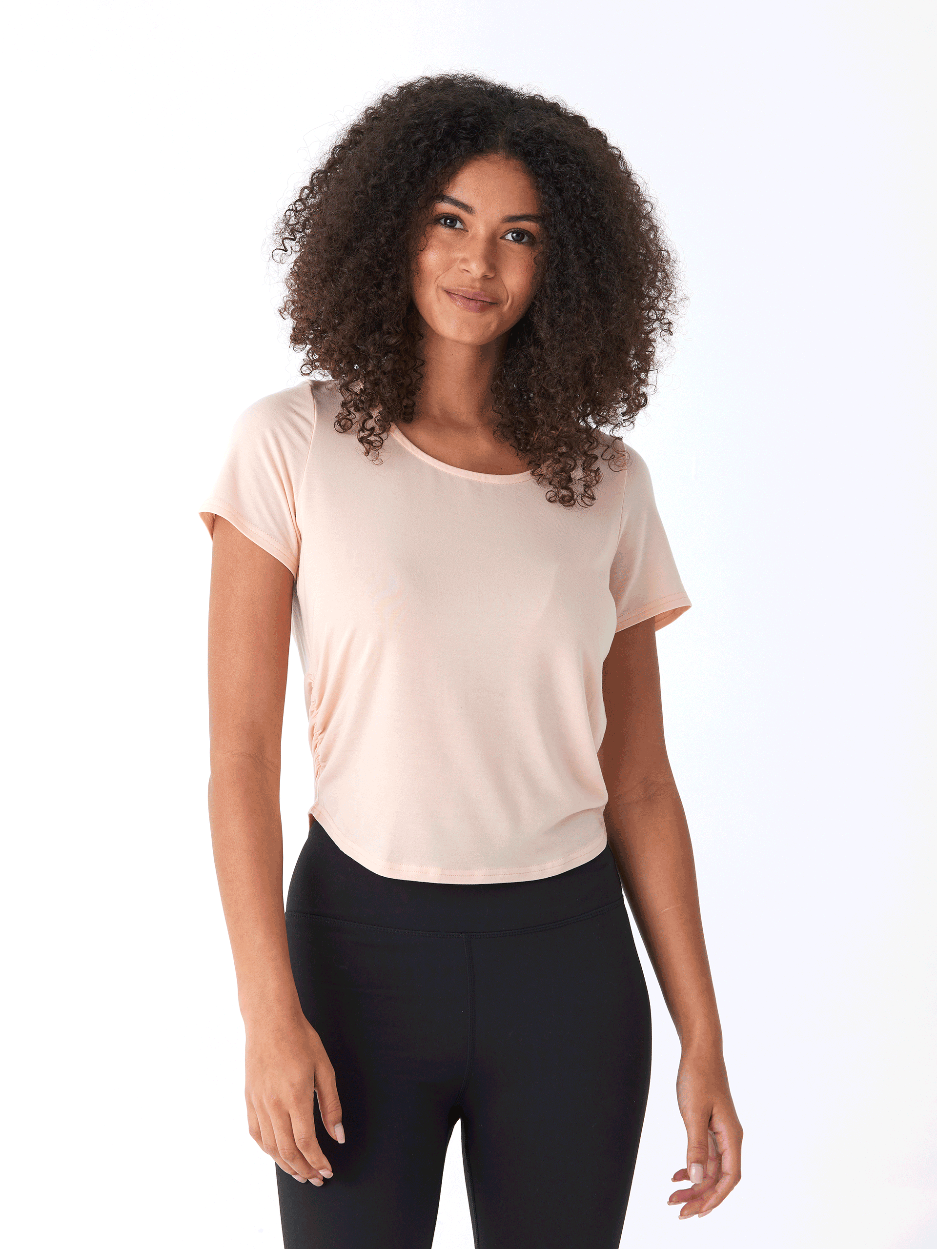Close up of the Deena Tencel Jersey Ruched Tee in soft Modal fabric showing side ruching detail