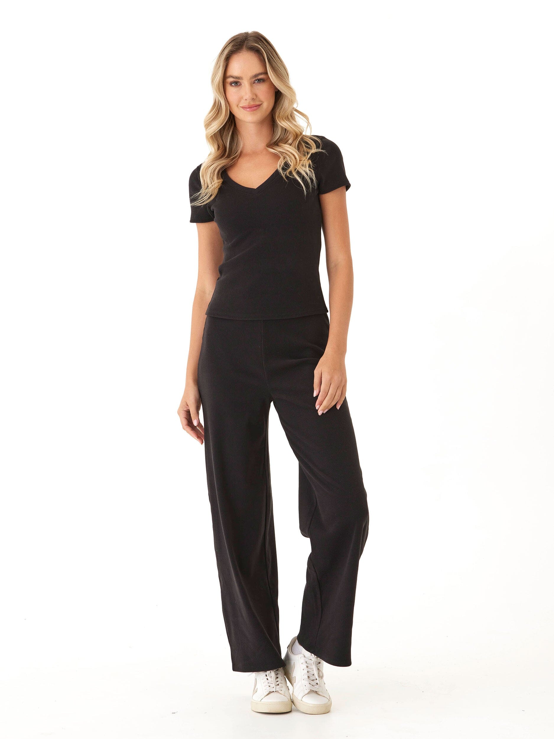 Alexia Brushed Performance Rib V-Neck Tee in Black