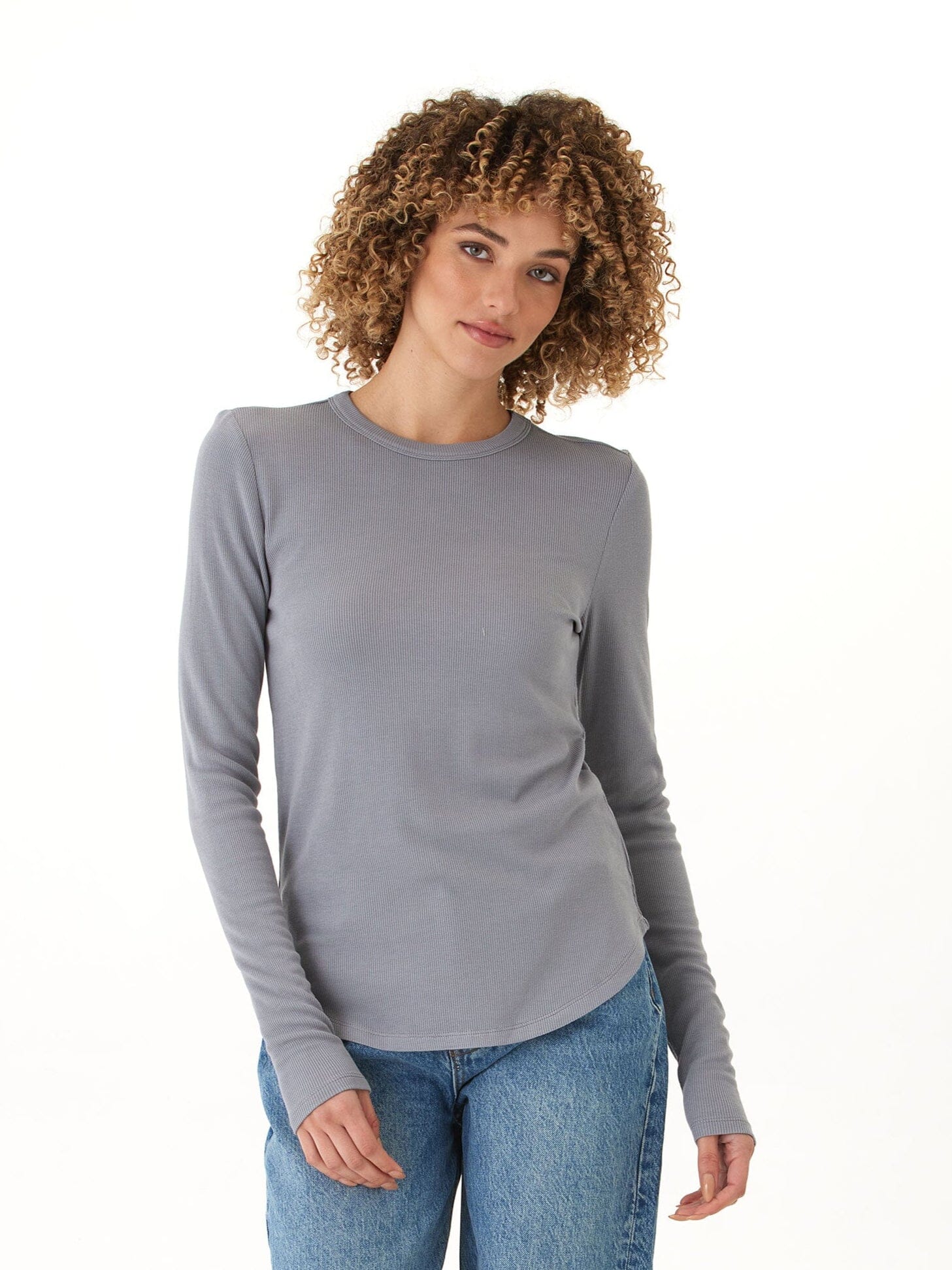 Torri Feather Rib Long Sleeve Crew Tee in Grey