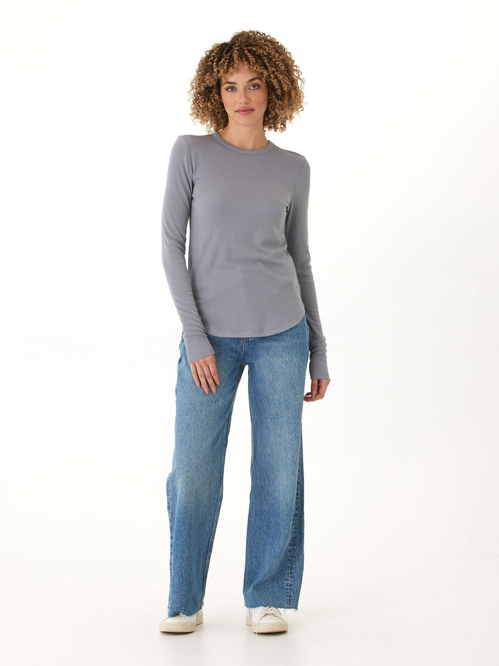 Torri Feather Rib Long Sleeve Crew Tee in Grey