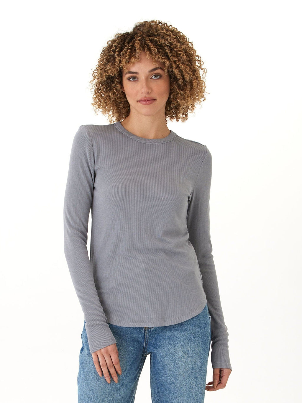 Torri Feather Rib Long Sleeve Crew Tee in Grey