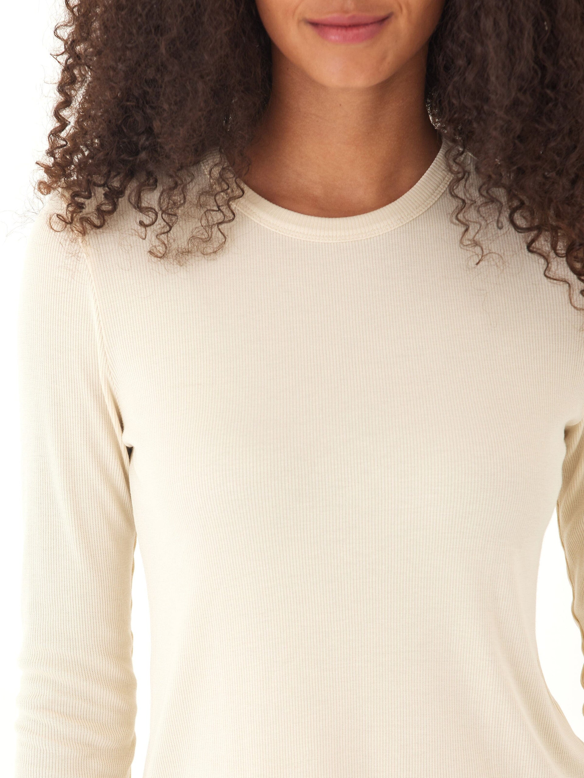Torri Feather Rib Long Sleeve Crew Tee in Off-White