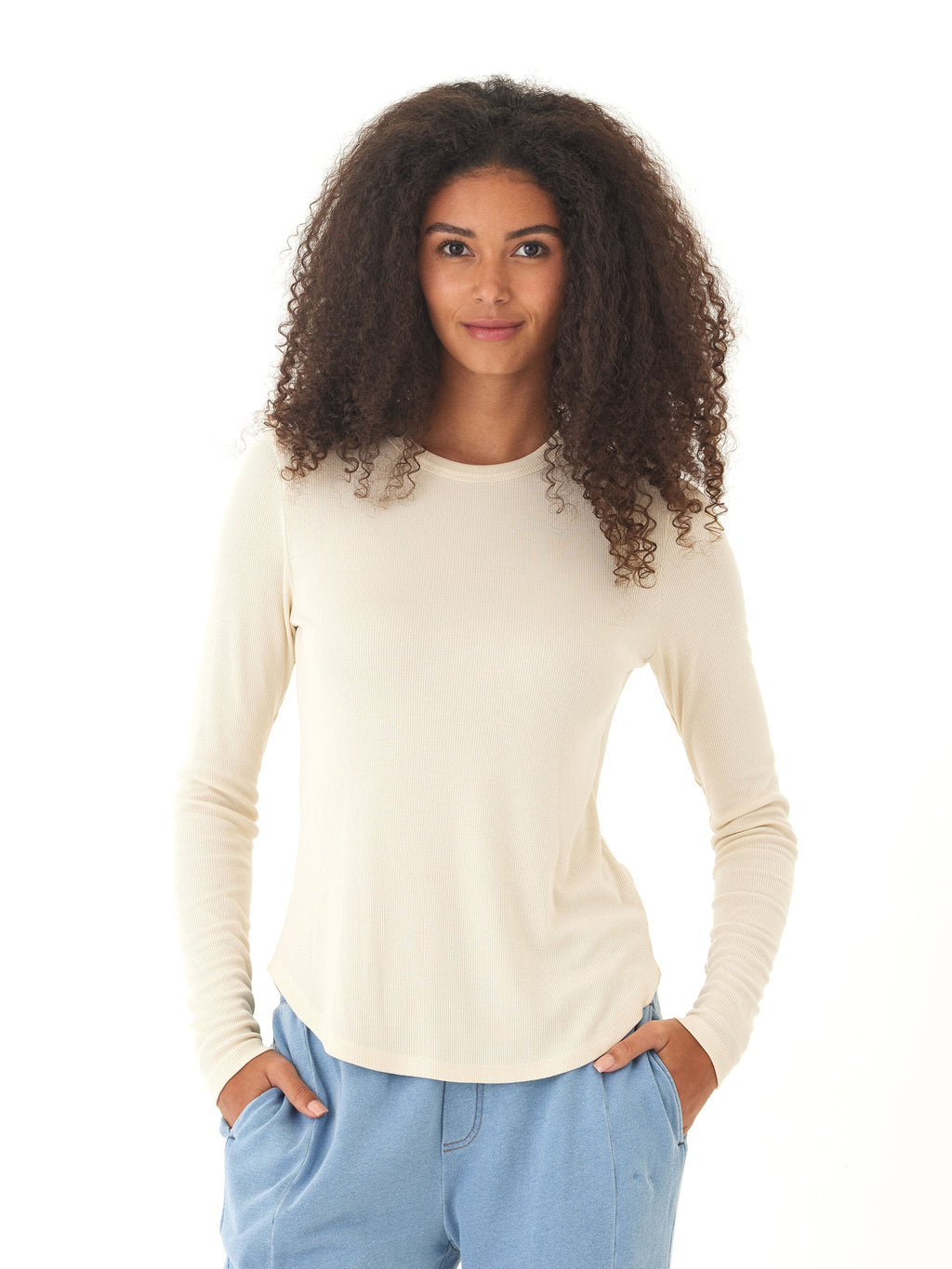 Torri Feather Rib Long Sleeve Crew Tee in Off-White