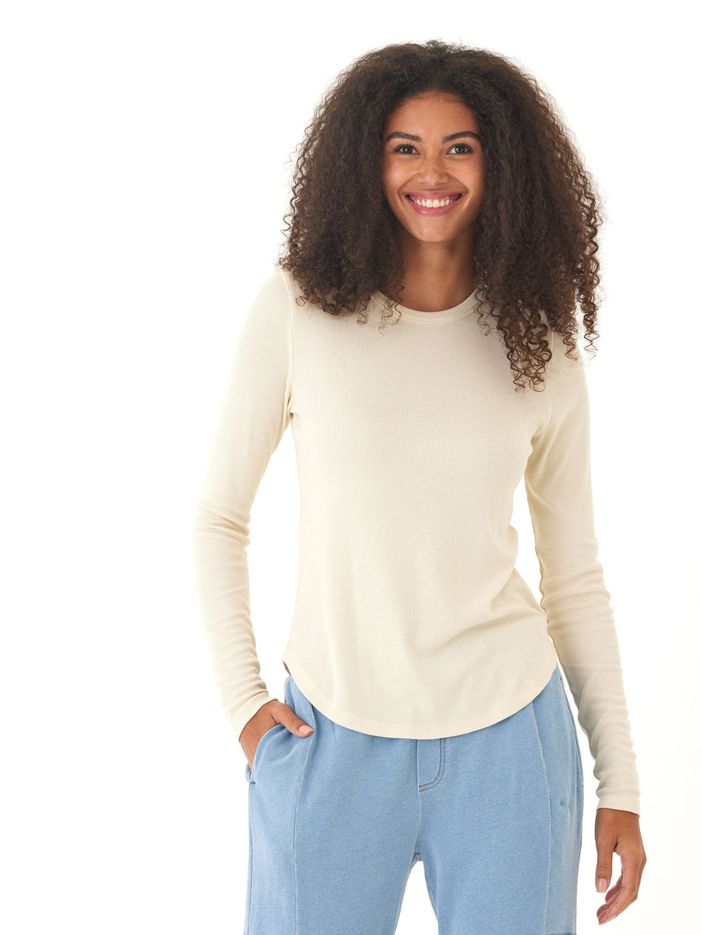 Torri Feather Rib Long Sleeve Crew Tee in Off-White