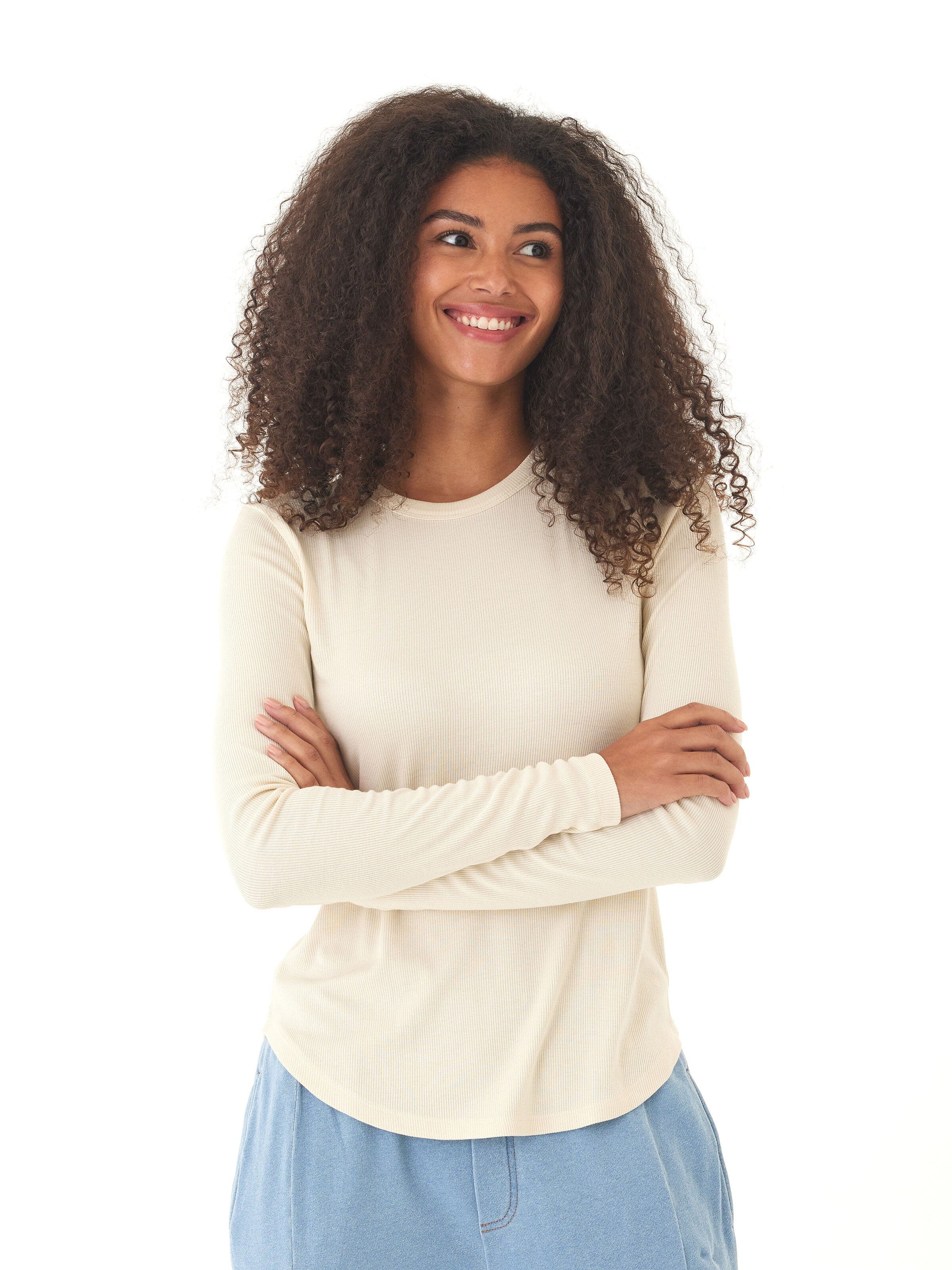 Torri Feather Rib Long Sleeve Crew Tee in Off-White
