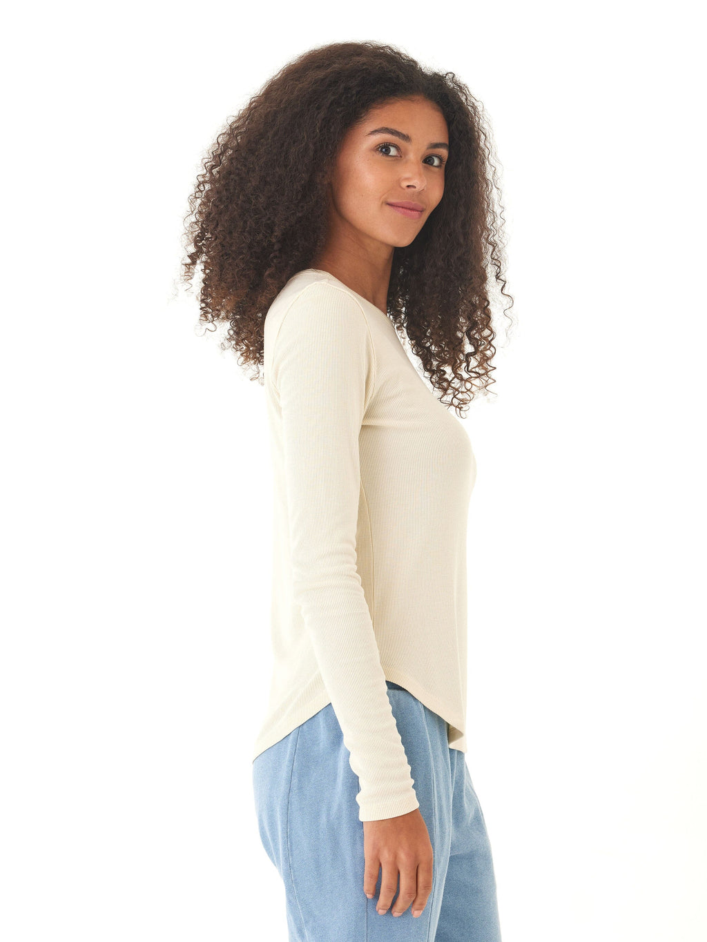 Torri Feather Rib Long Sleeve Crew Tee in Off-White
