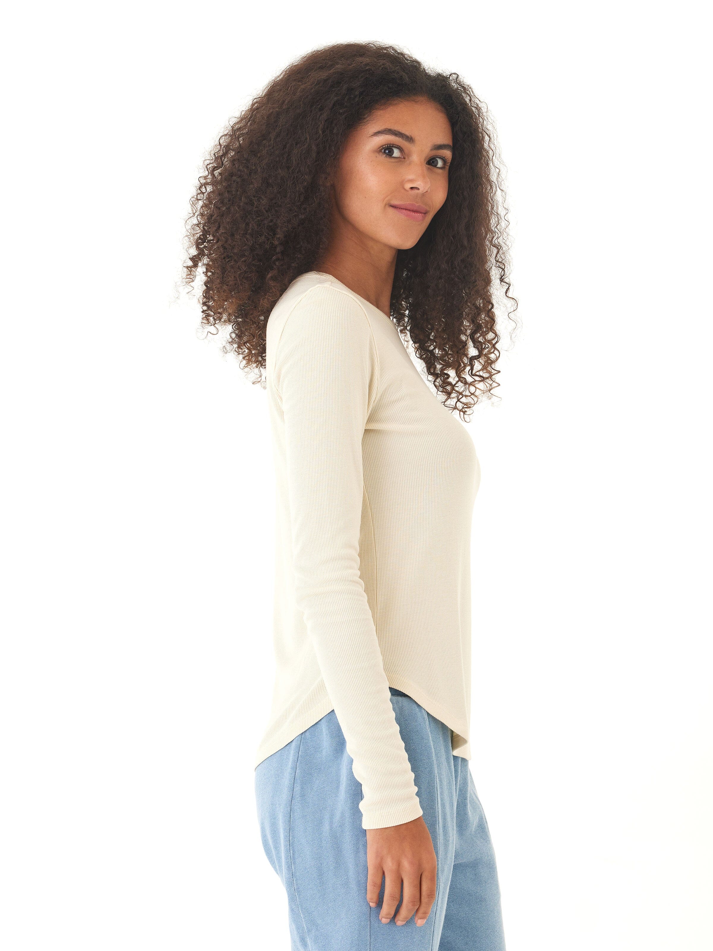 Torri Feather Rib Long Sleeve Crew Tee in Off-White