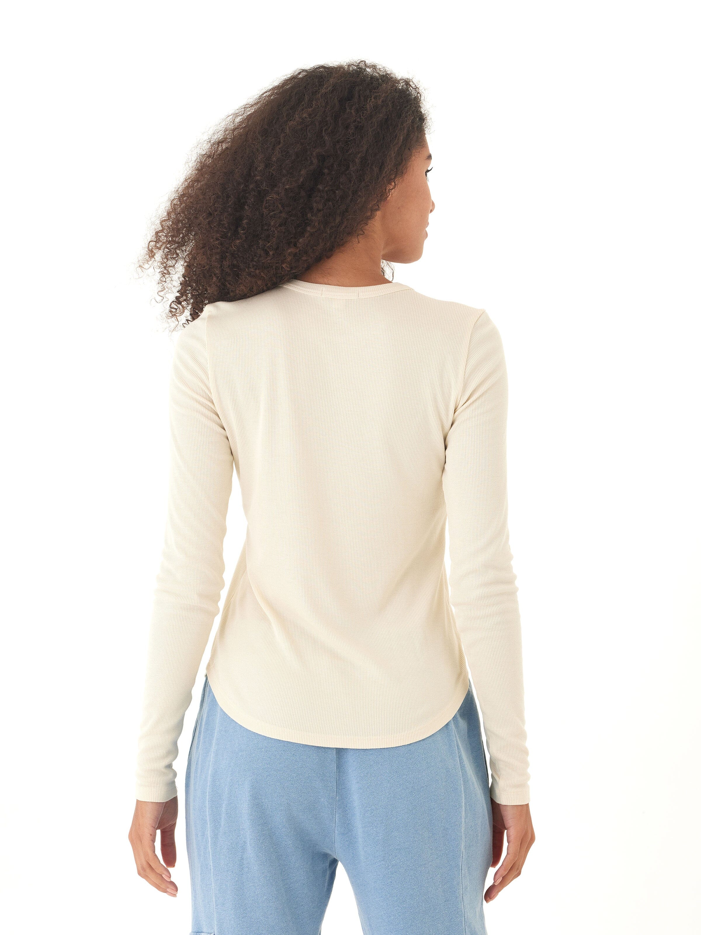 Torri Feather Rib Long Sleeve Crew Tee in Off-White