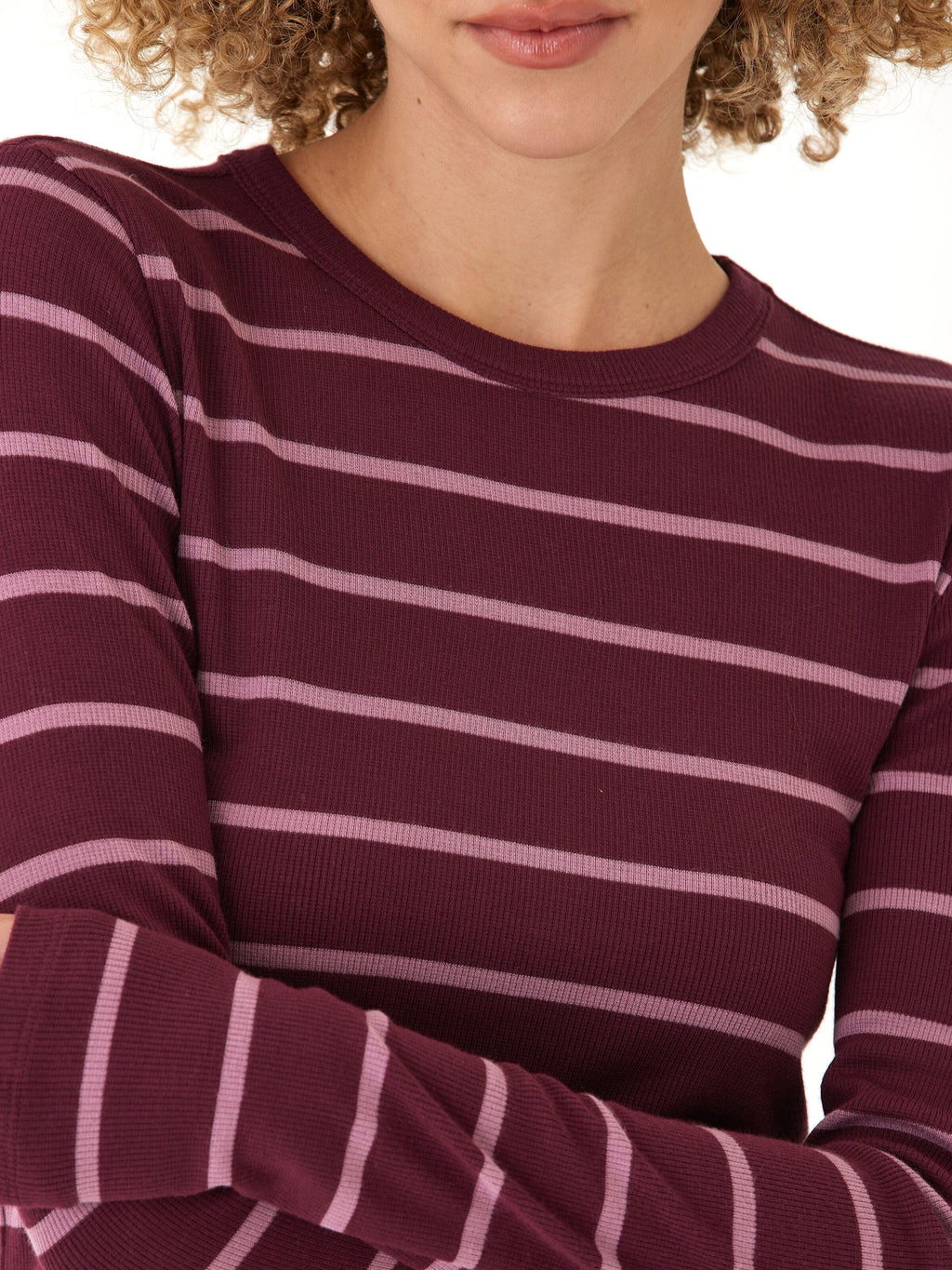 Torri Feather Rib Long Sleeve Crew Tee in Burgundy and Pale Pink