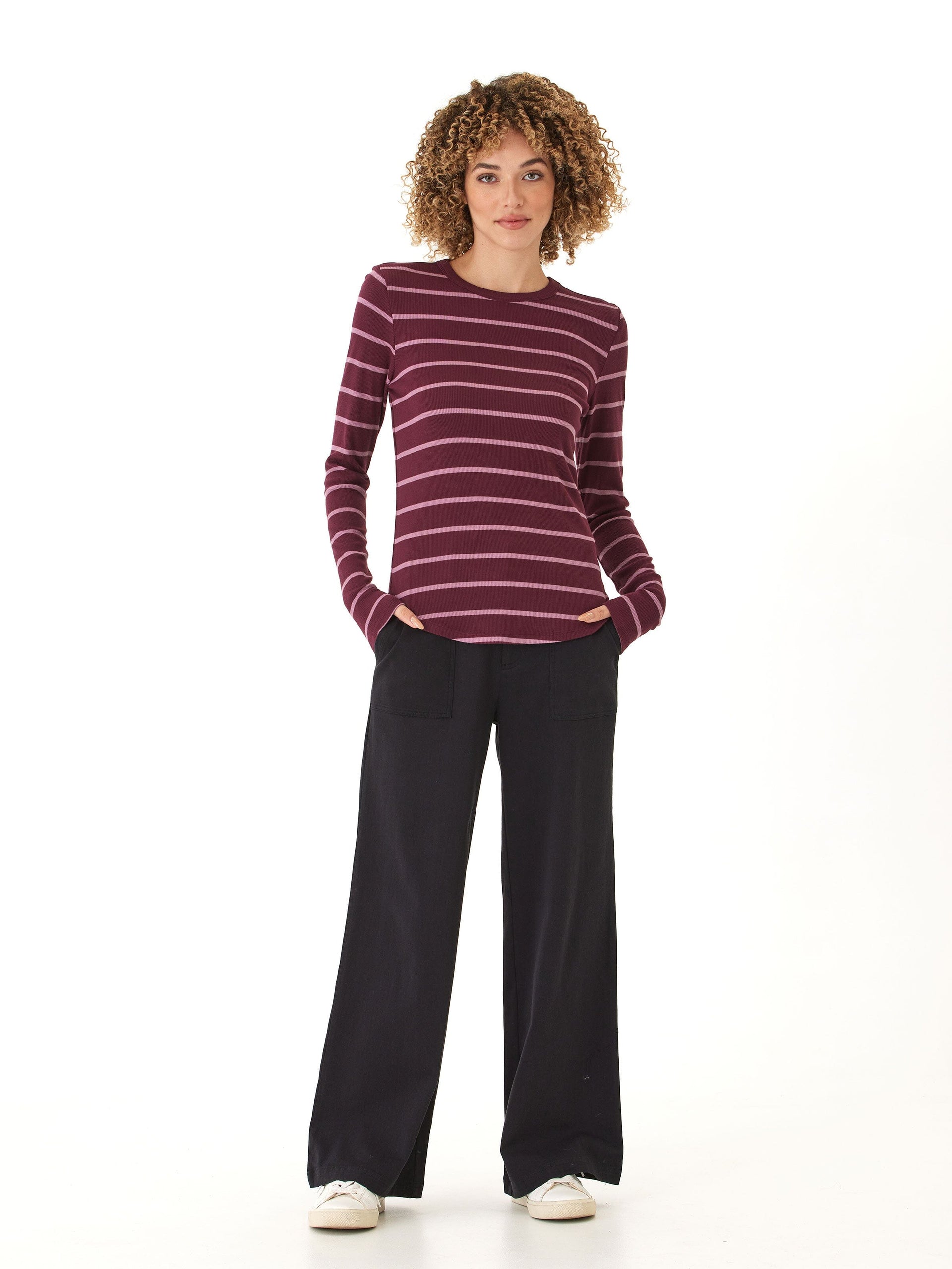 Torri Feather Rib Long Sleeve Crew Tee in Burgundy and Pale Pink