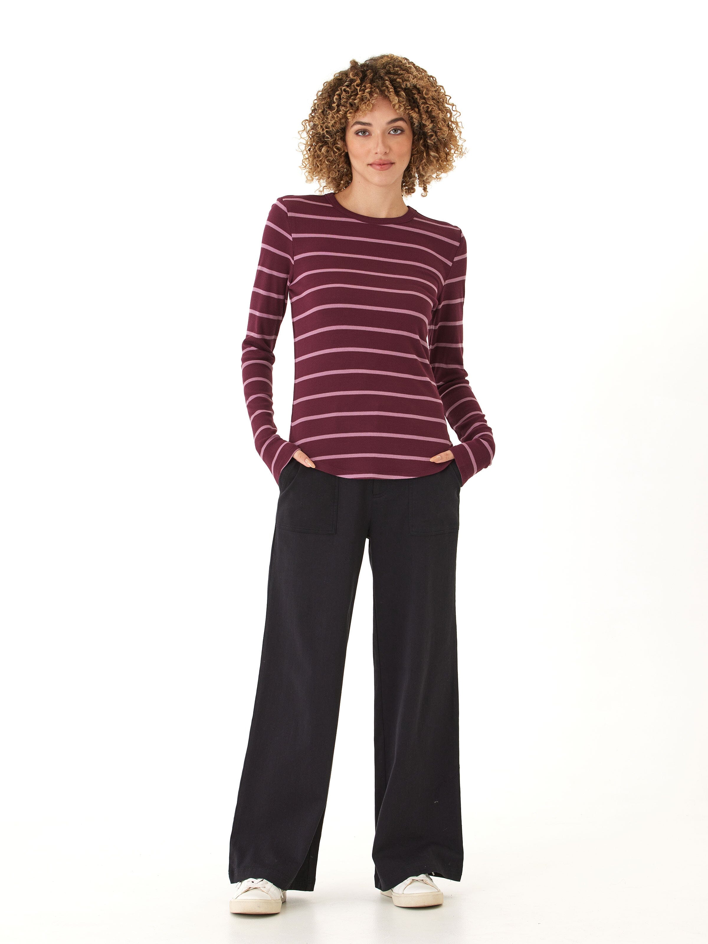 Torri Feather Rib Long Sleeve Crew Tee in Burgundy and Pale Pink