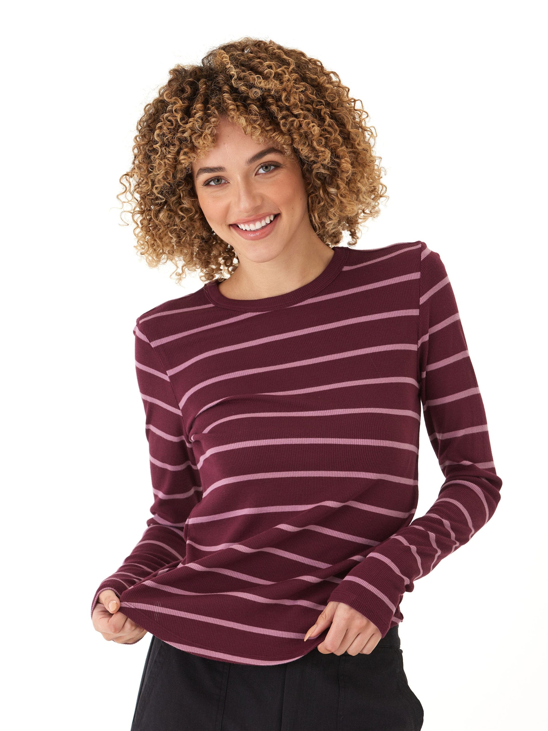 Torri Feather Rib Long Sleeve Crew Tee in Burgundy and Pale Pink