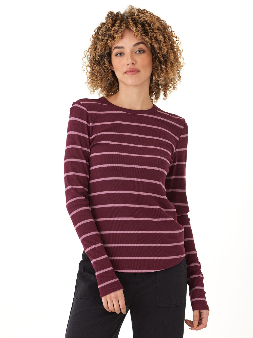 Torri Feather Rib Long Sleeve Crew Tee in Burgundy and Pale Pink
