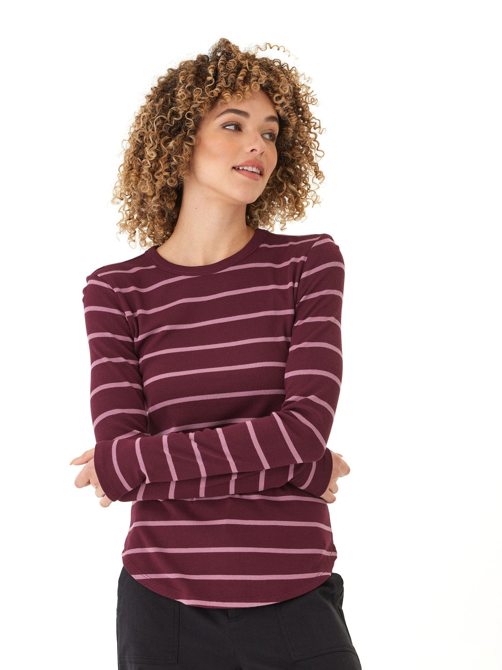 Torri Feather Rib Long Sleeve Crew Tee in Burgundy and Pale Pink
