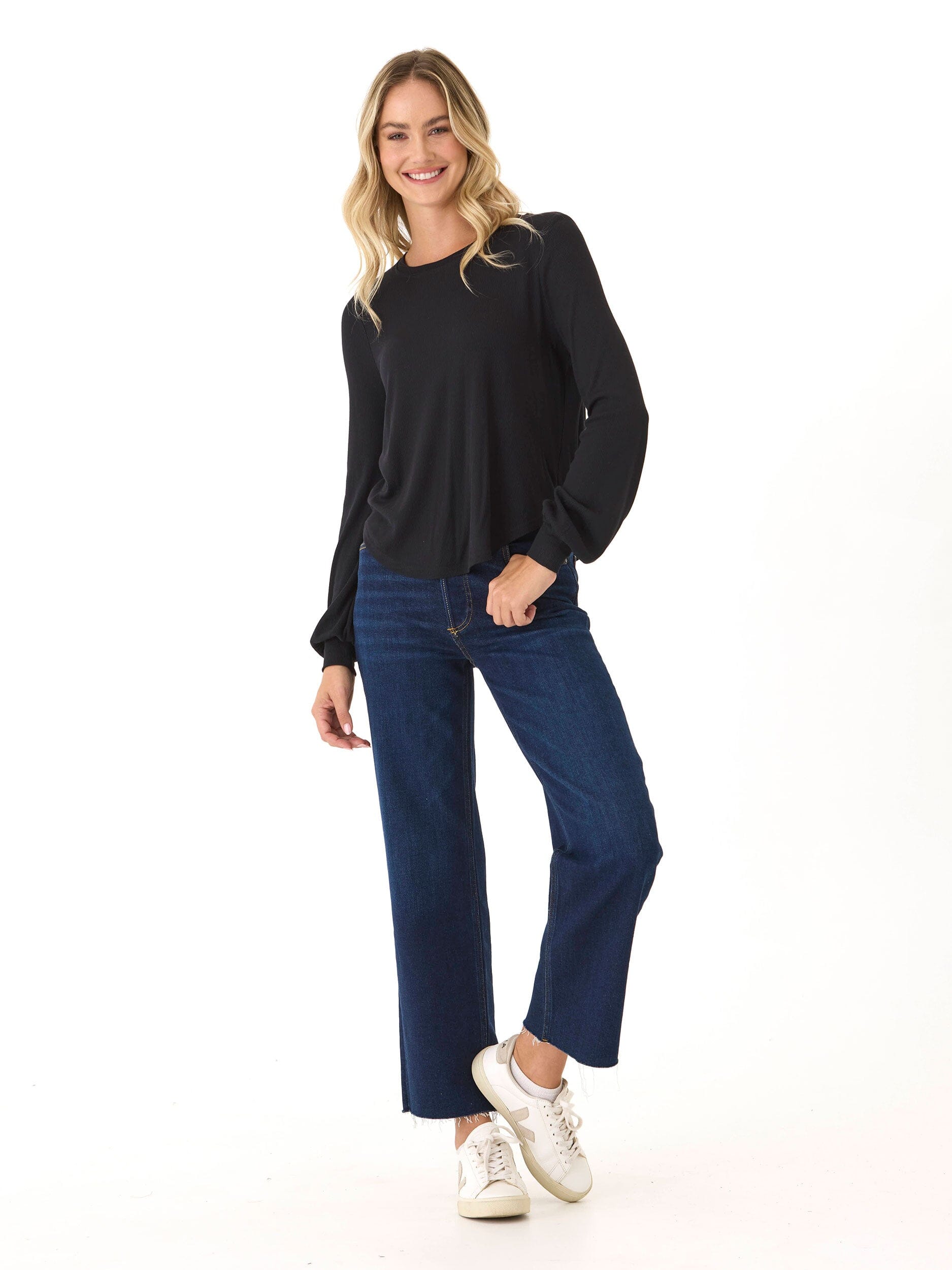 Kallie Feather Rib Crew Neck Top in Black - Minimalist Style