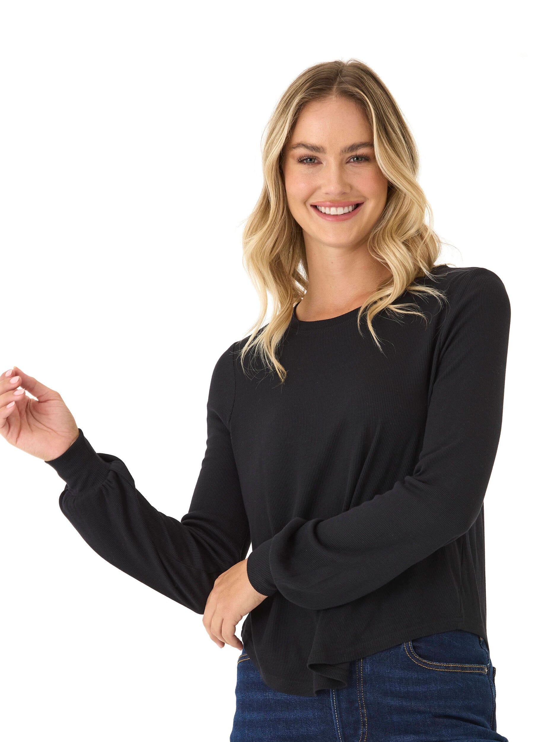 Close up of Kallie Feather Rib Crew Neck Top in black, showing the soft ribbed knit texture and crew neck style.