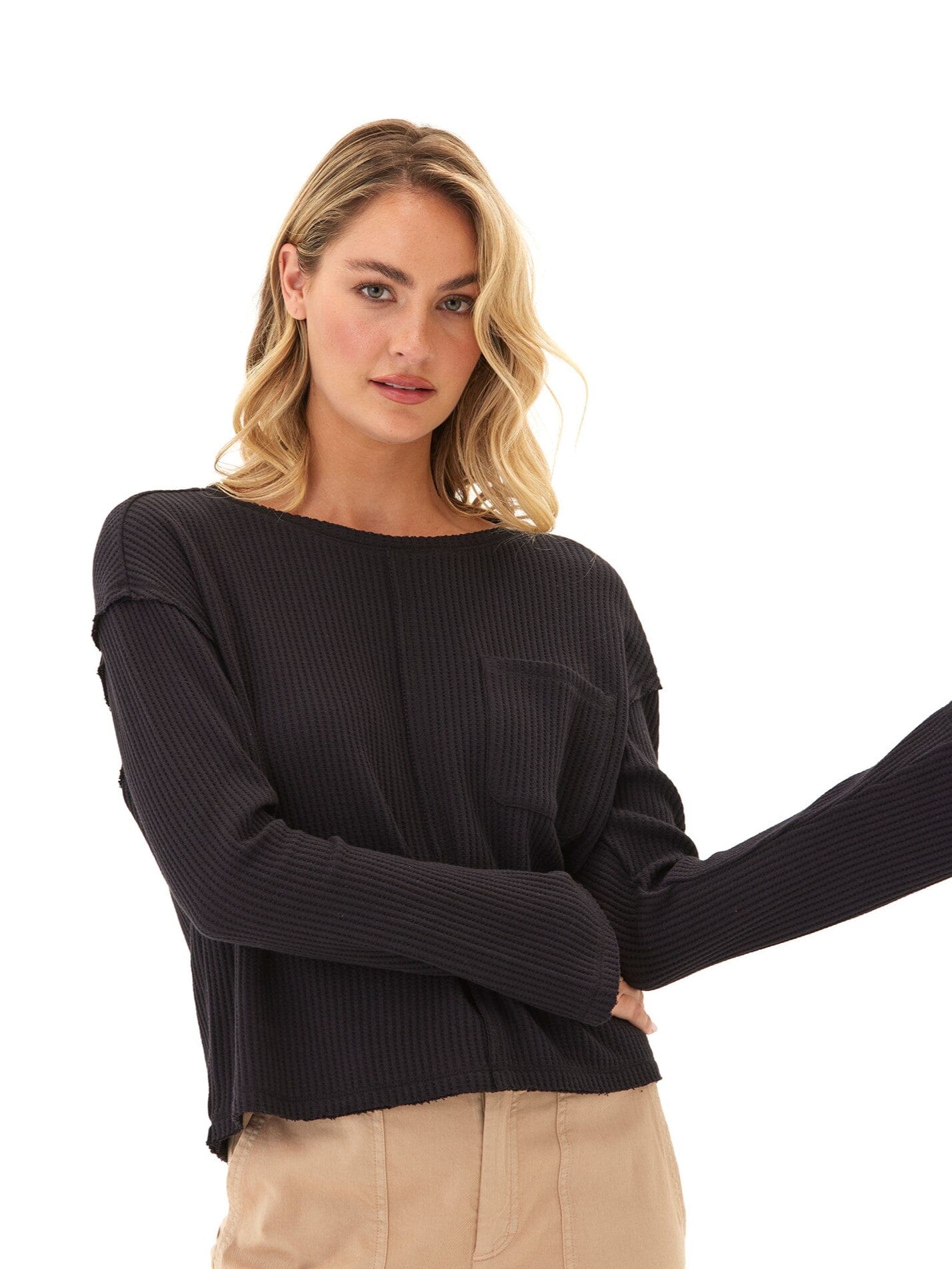 Giulia Eco Thermal Long Sleeve Top in Black Minimalist Knit