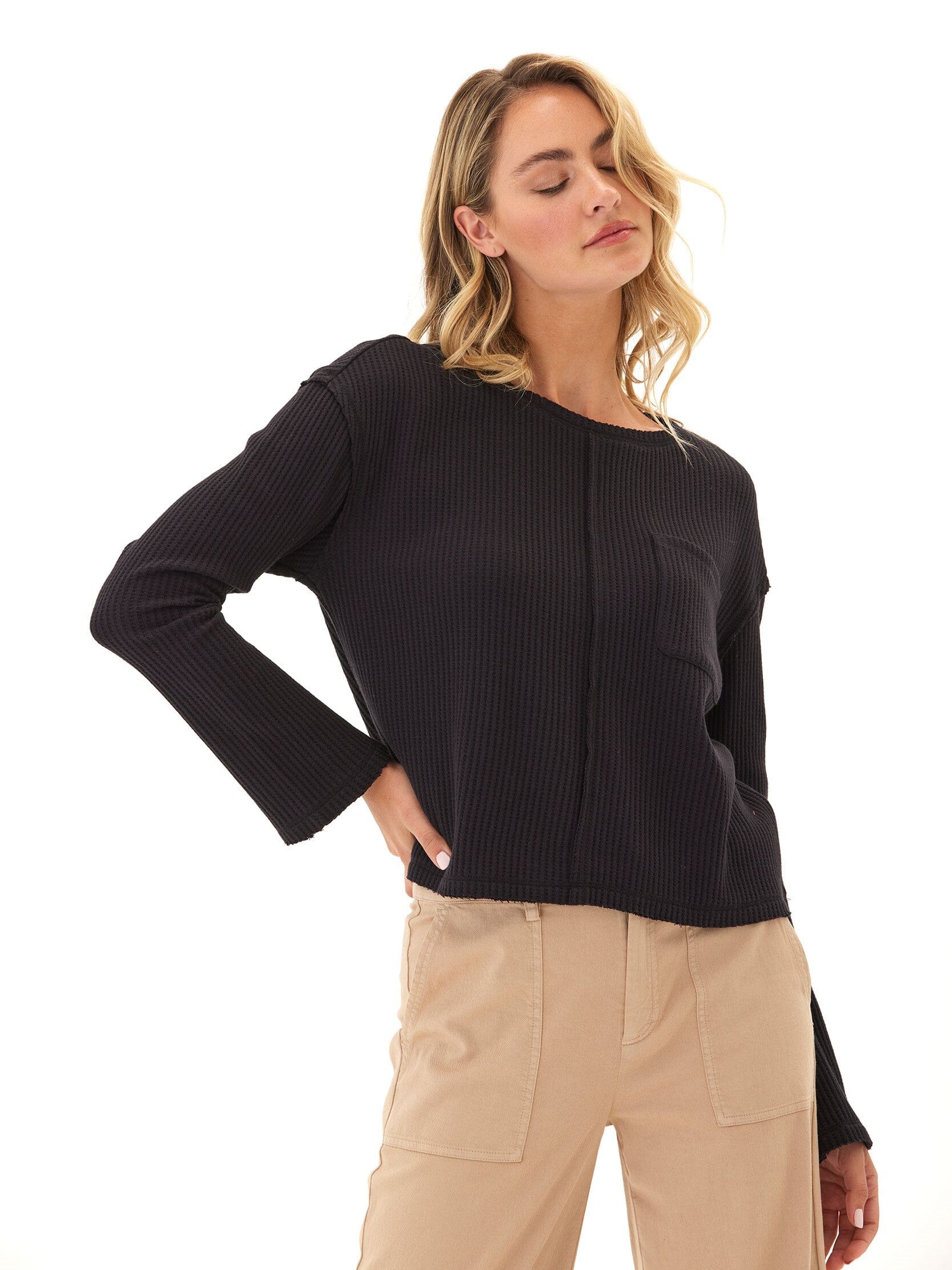 Giulia Eco Thermal Long Sleeve Top in Black Minimalist Knit
