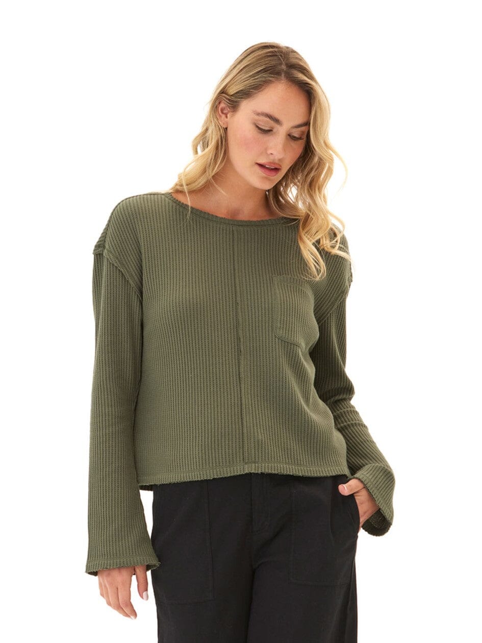 Giulia Women's Olive Green Long Sleeve Thermal Knit Top