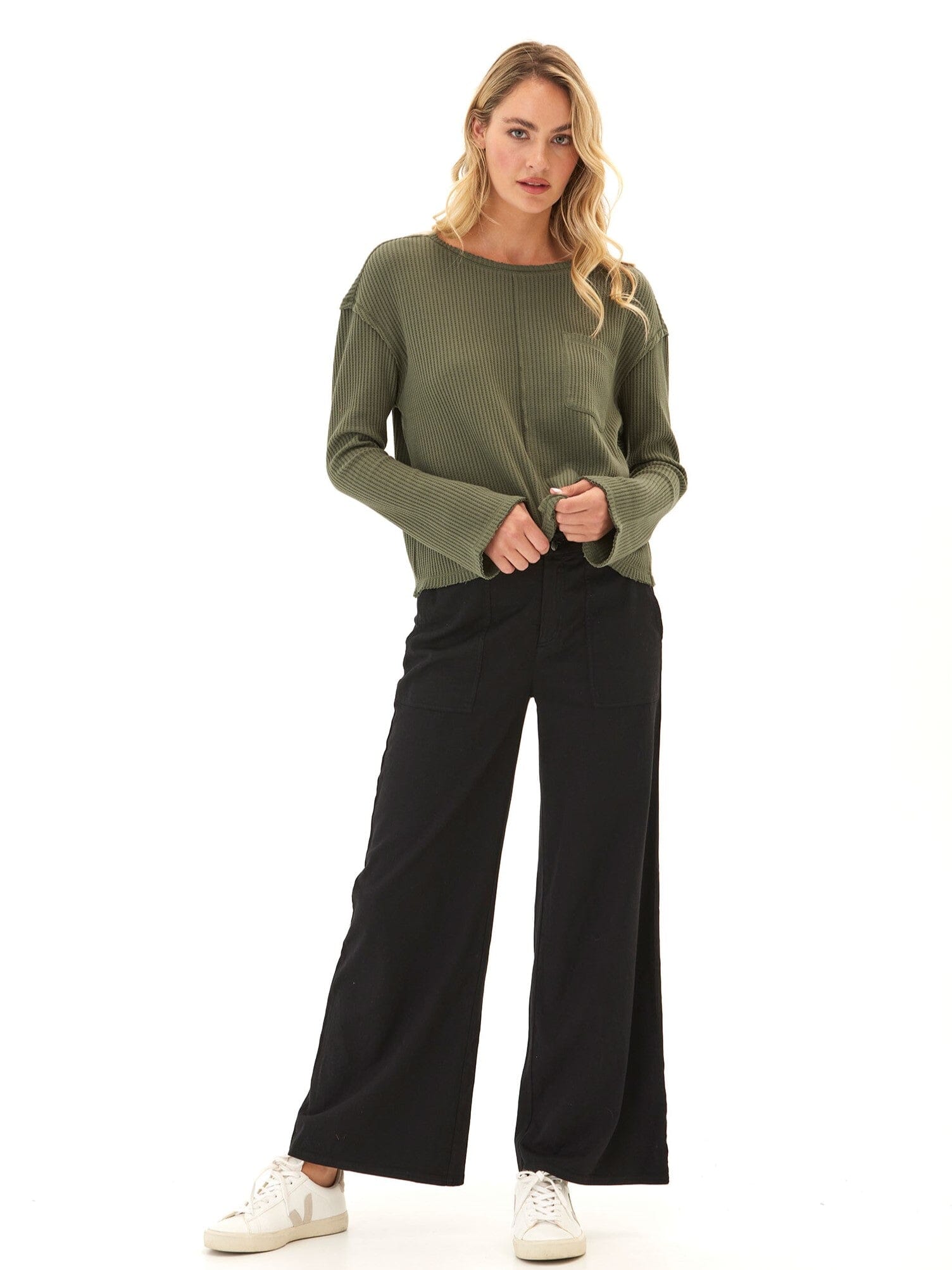 Giulia Women's Olive Green Long Sleeve Thermal Knit Top