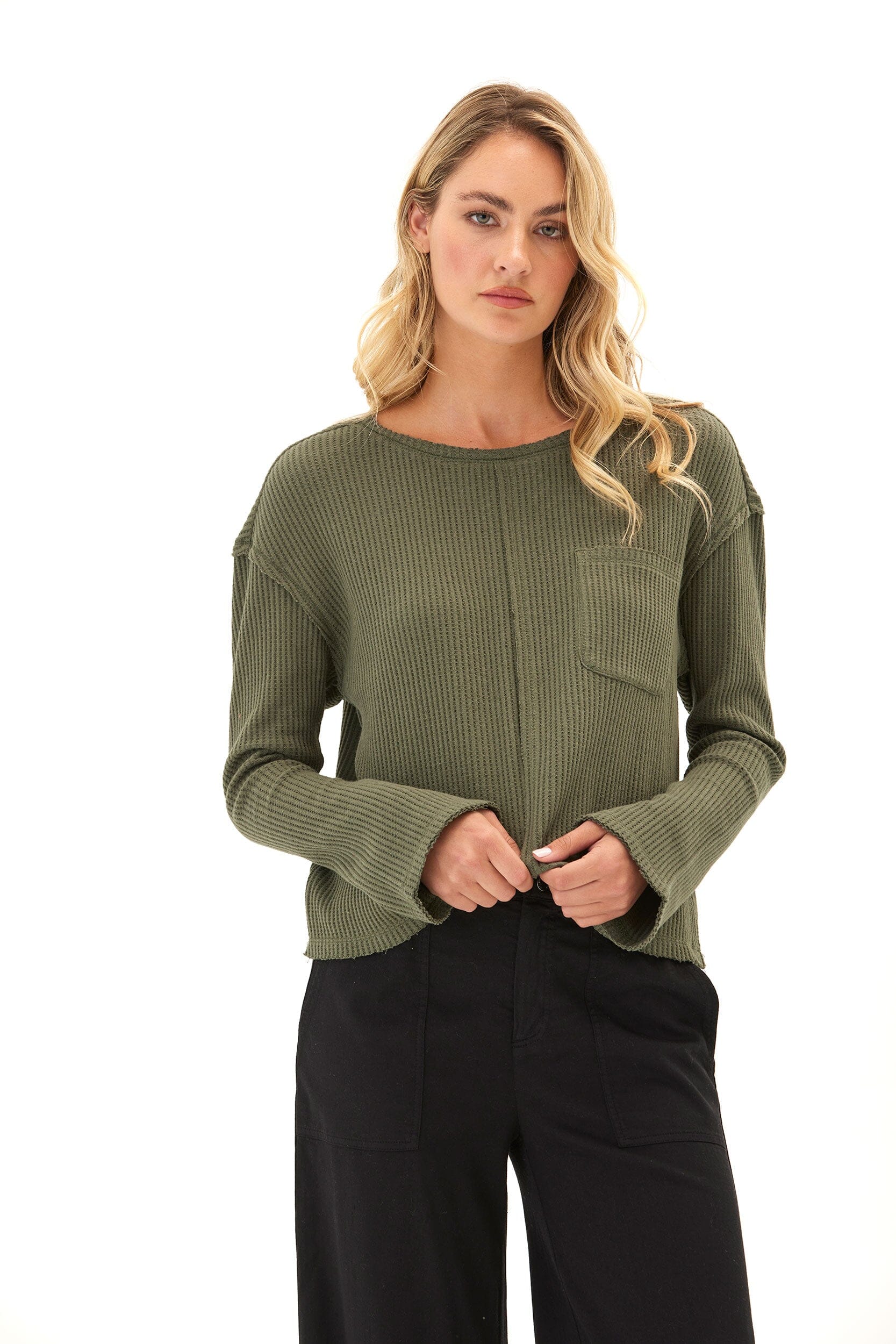 Giulia Women's Olive Green Long Sleeve Thermal Knit Top