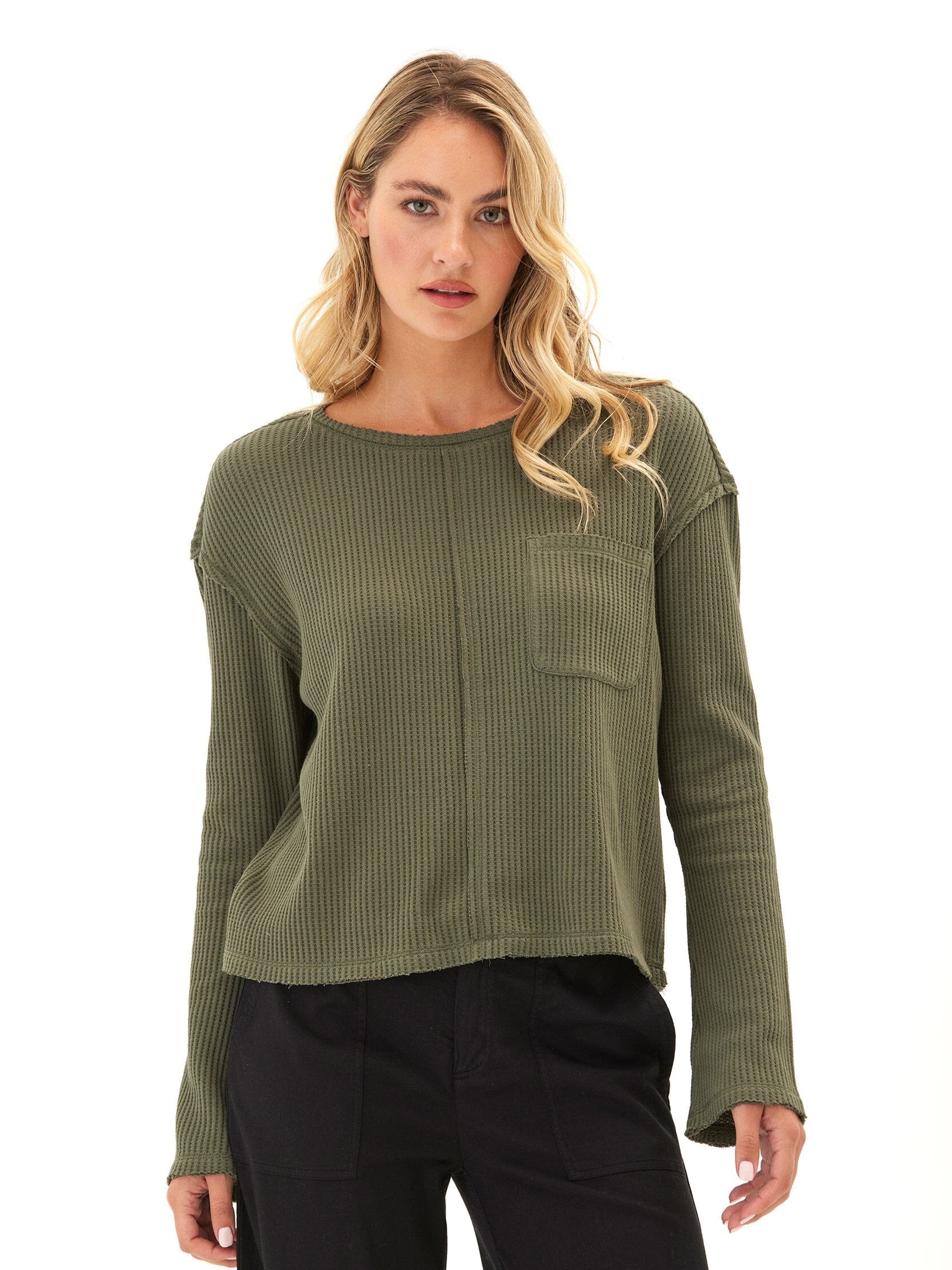 Giulia Women's Olive Green Long Sleeve Thermal Knit Top