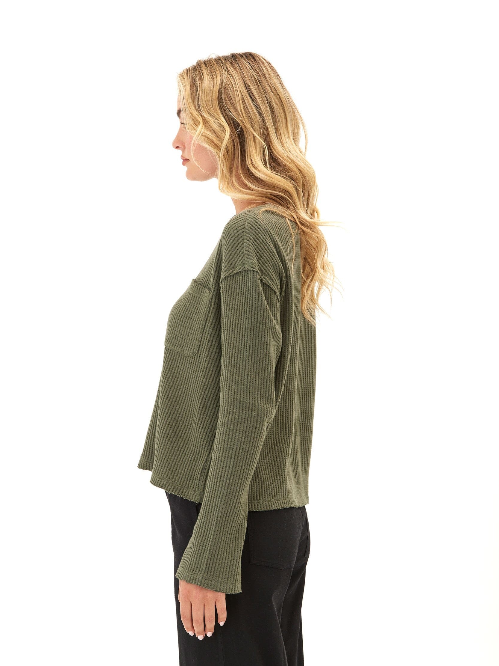 Giulia Women's Olive Green Long Sleeve Thermal Knit Top