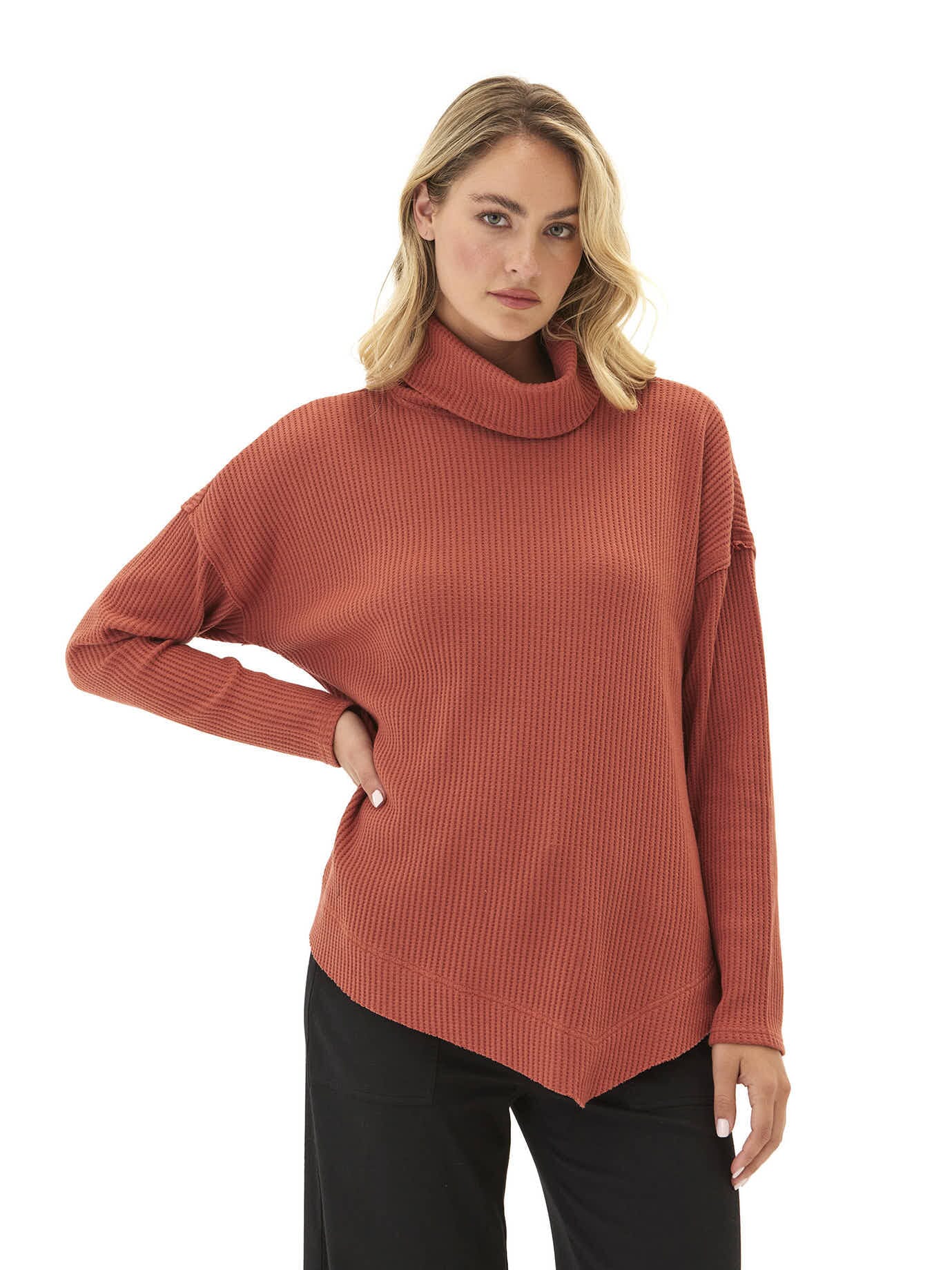 Close-up of Rikke Eco Thermal Asymmetrical Long Sleeve Top in a soft textured fabric