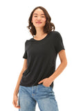 Close up of Briona Tencel jersey tee in black showing side ruching and crew neckline