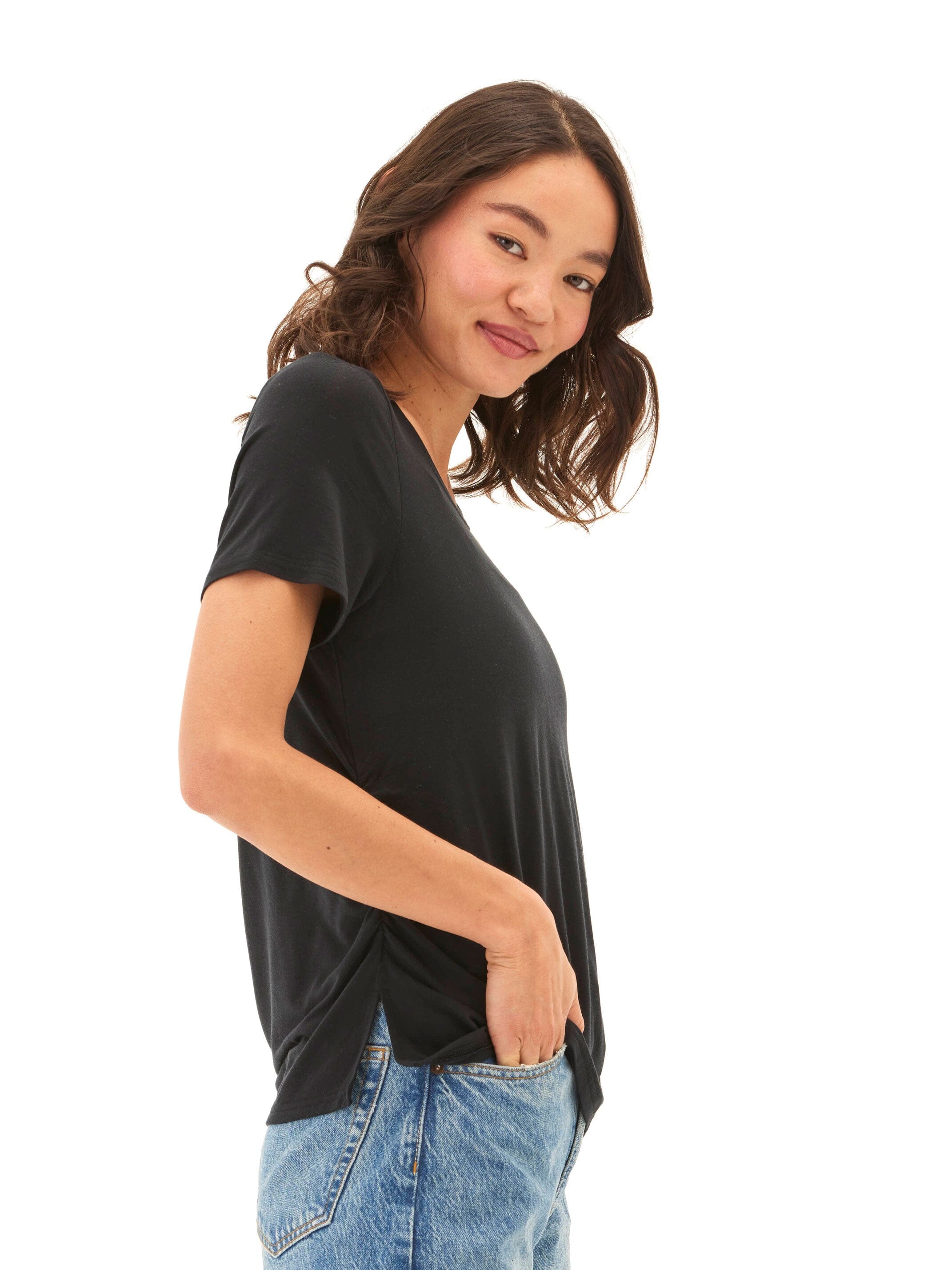 Briona Tencel Jersey Ruched Side Tee in Black