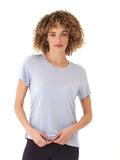 Close-up of Briona Tencel jersey tee featuring side ruching and a classic crew neckline.