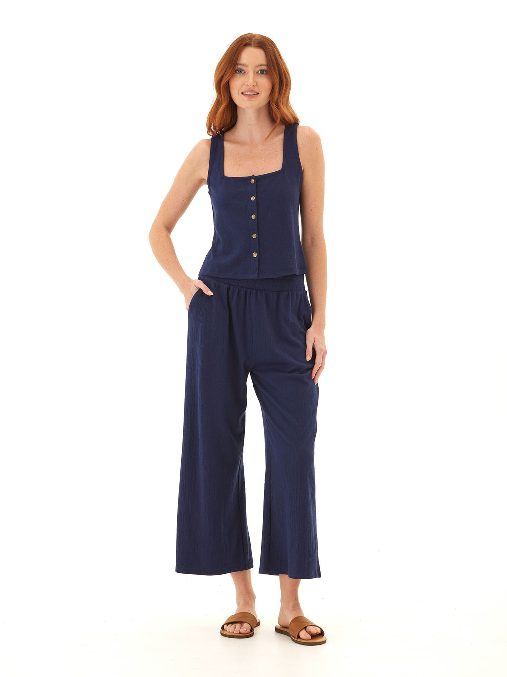 Jamila Square Neck Smocked Jersey Tank Button-Front Top