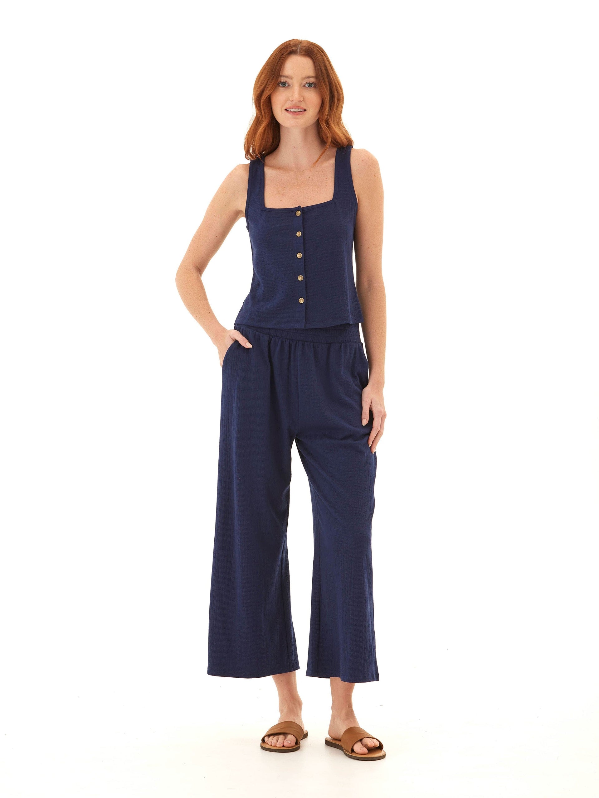 Jamila Square Neck Smocked Jersey Tank Button-Front Top