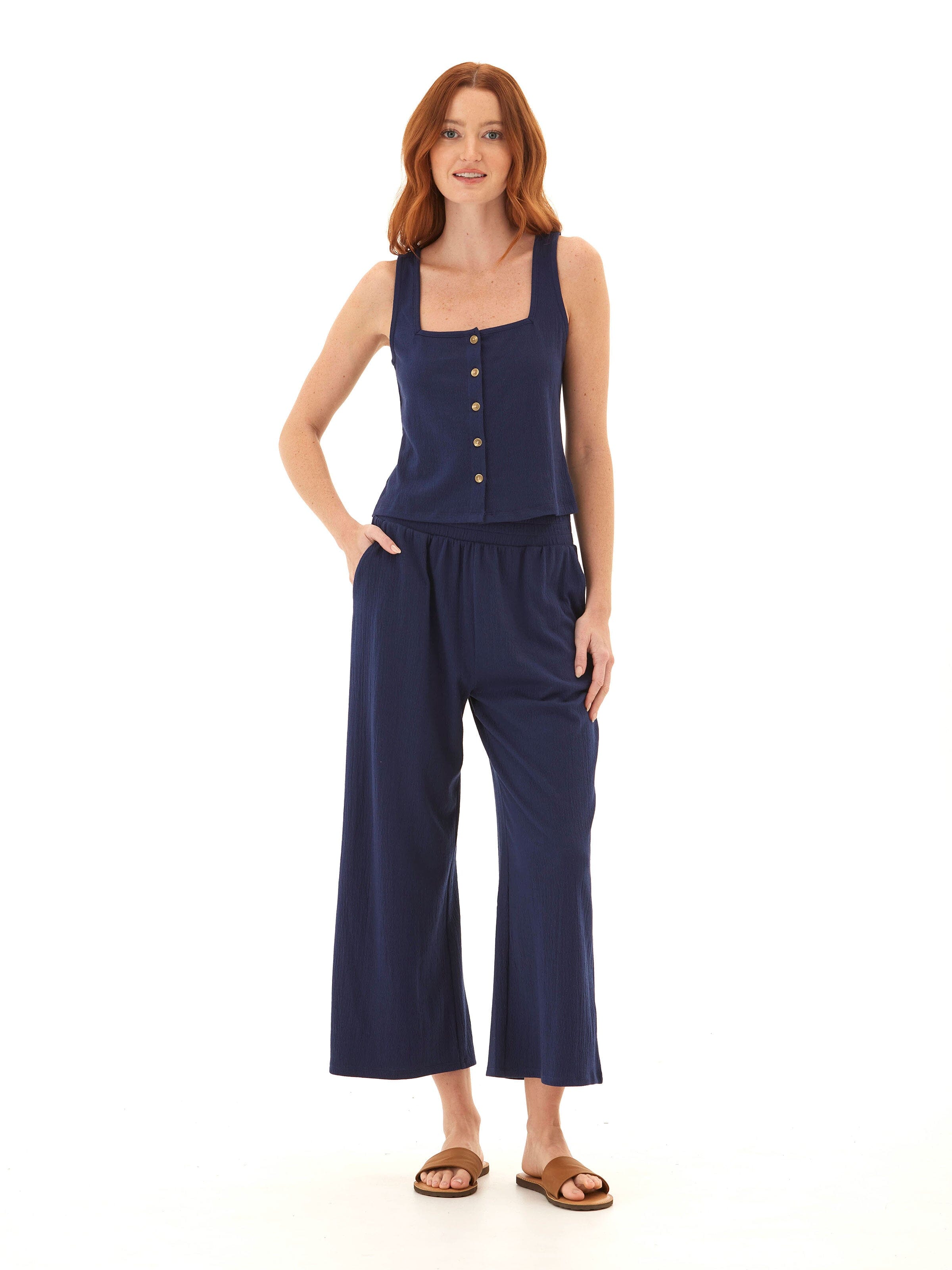 Jamila Square Neck Smocked Jersey Tank Button-Front Top