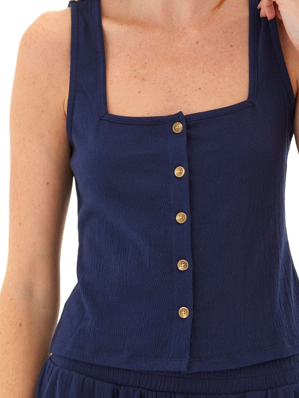 Jamila Square Neck Smocked Jersey Tank Button-Front Top