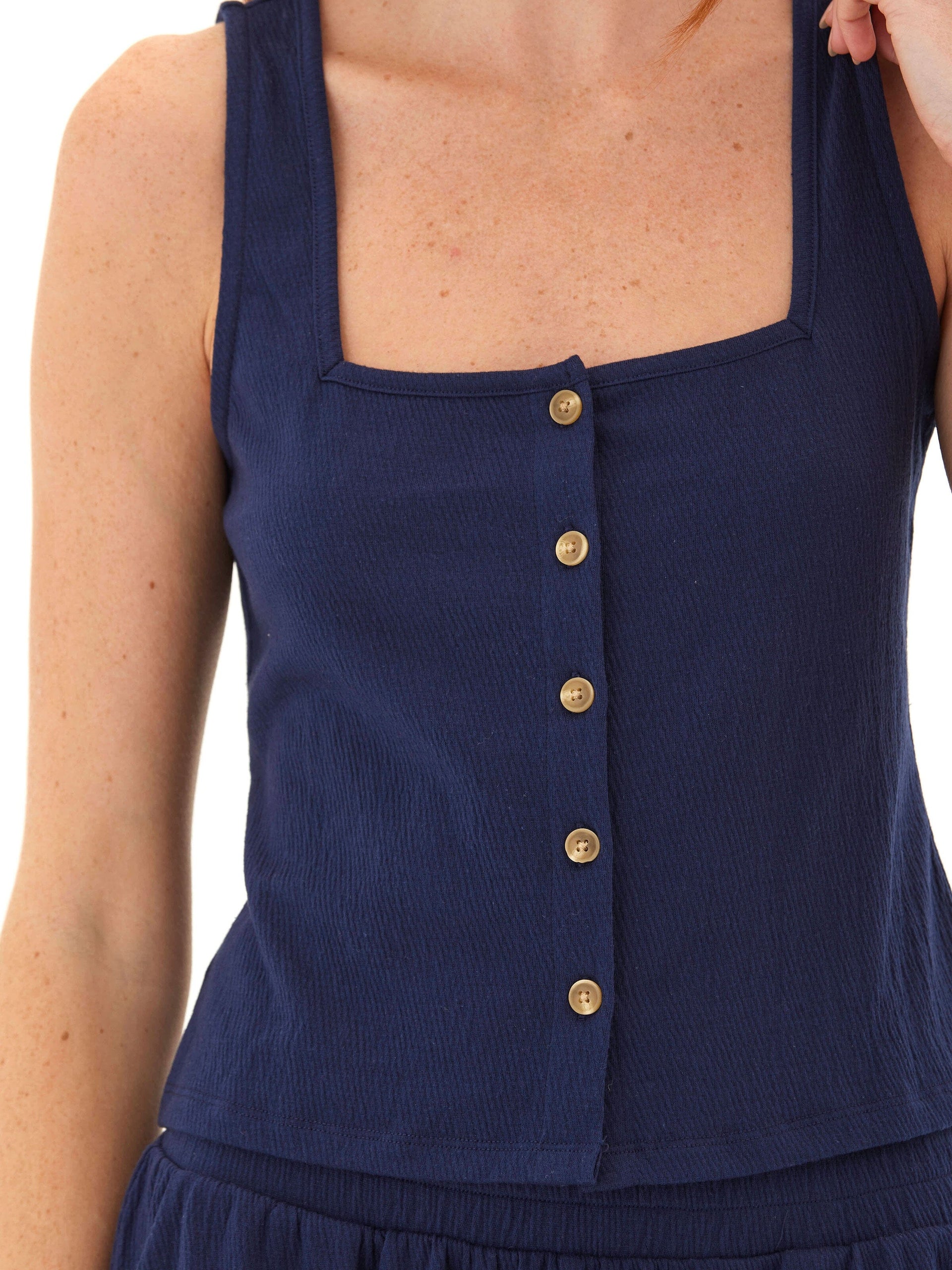 Jamila Square Neck Smocked Jersey Tank Button-Front Top