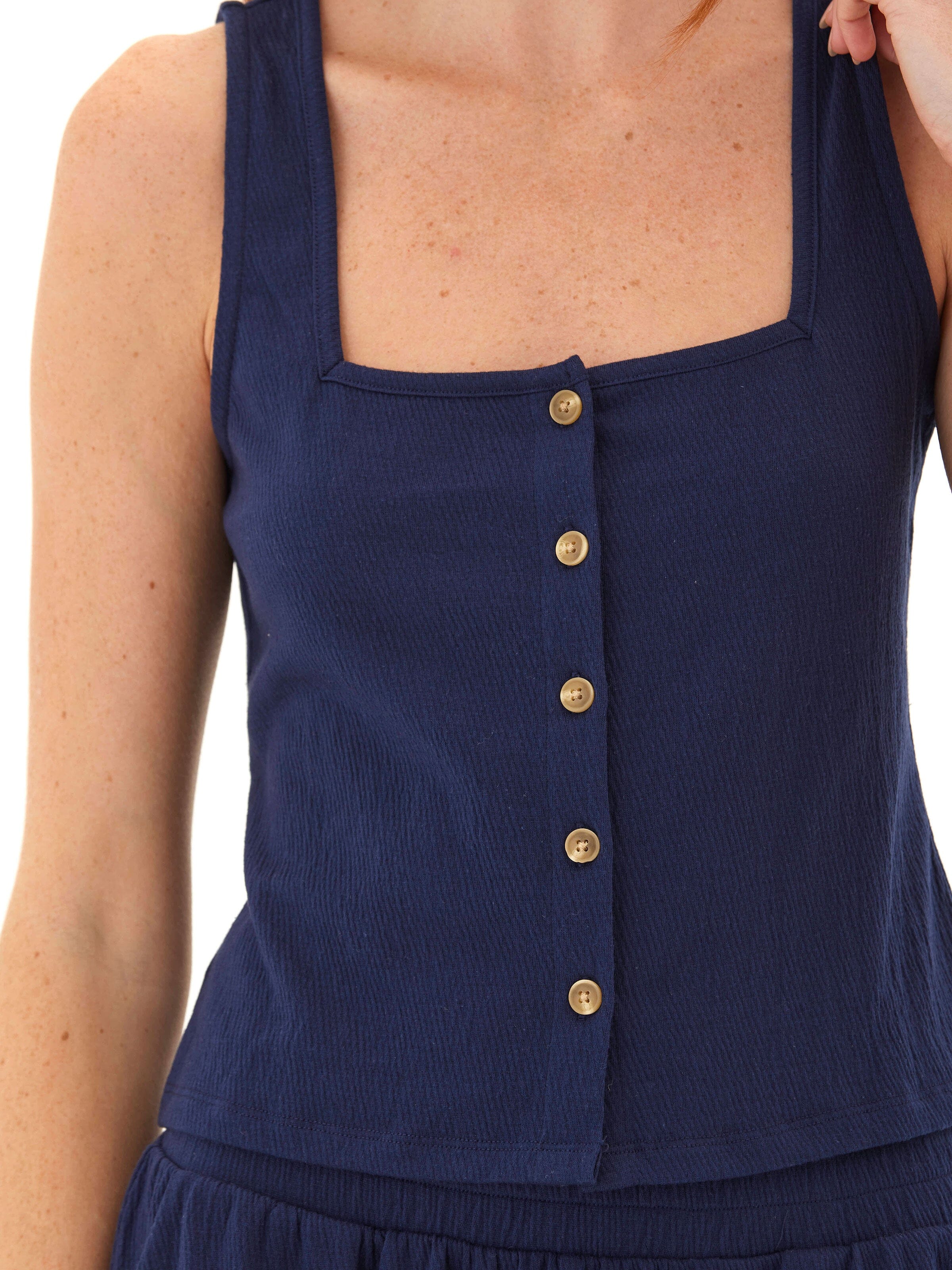 Jamila Square Neck Smocked Jersey Tank Button-Front Top
