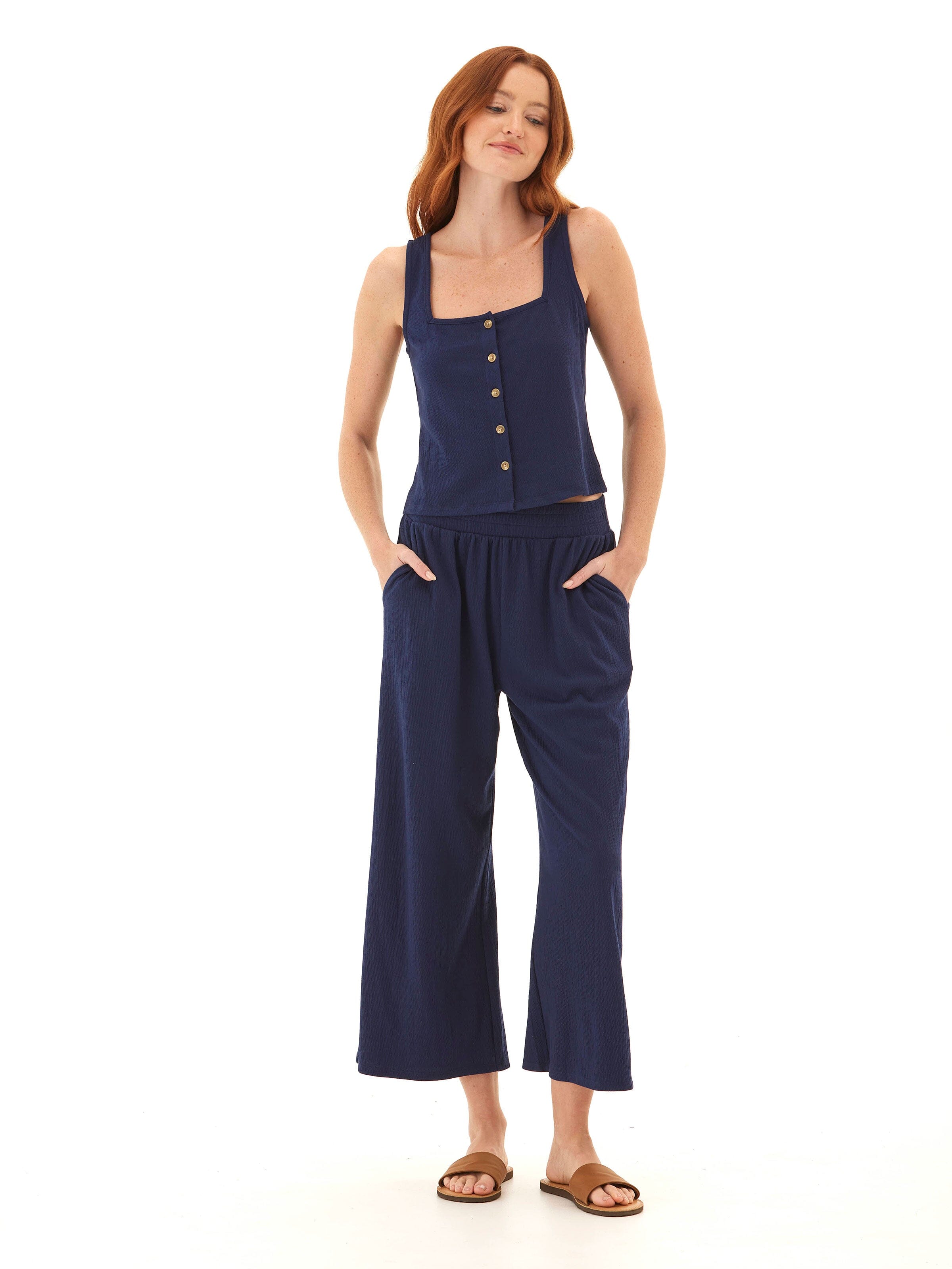 Jamila Square Neck Smocked Jersey Tank Button-Front Top