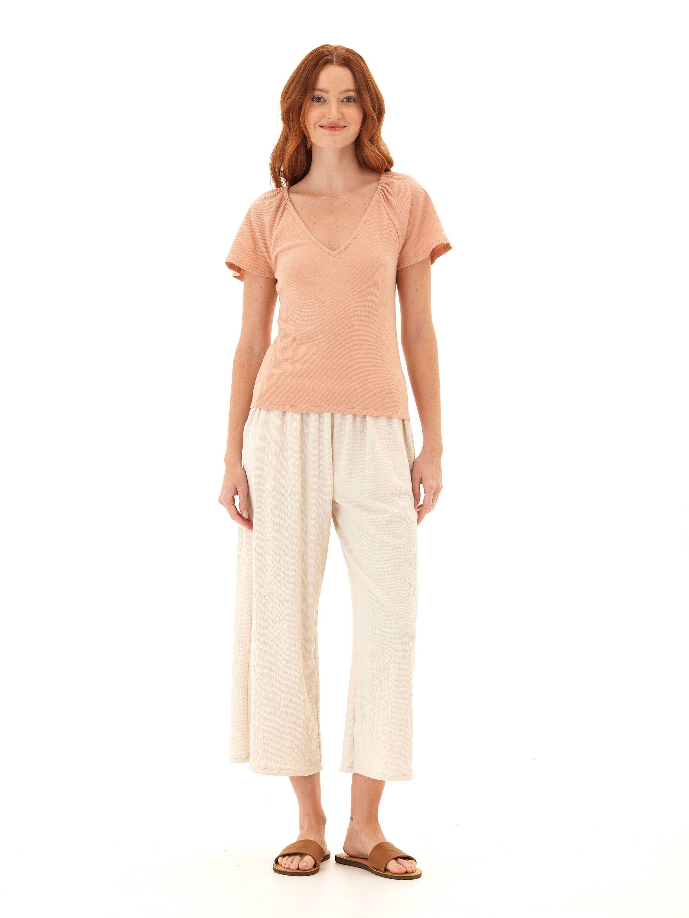 Teresa Smocked Jersey Top in Peach - Minimalist Short Sleeve Tee