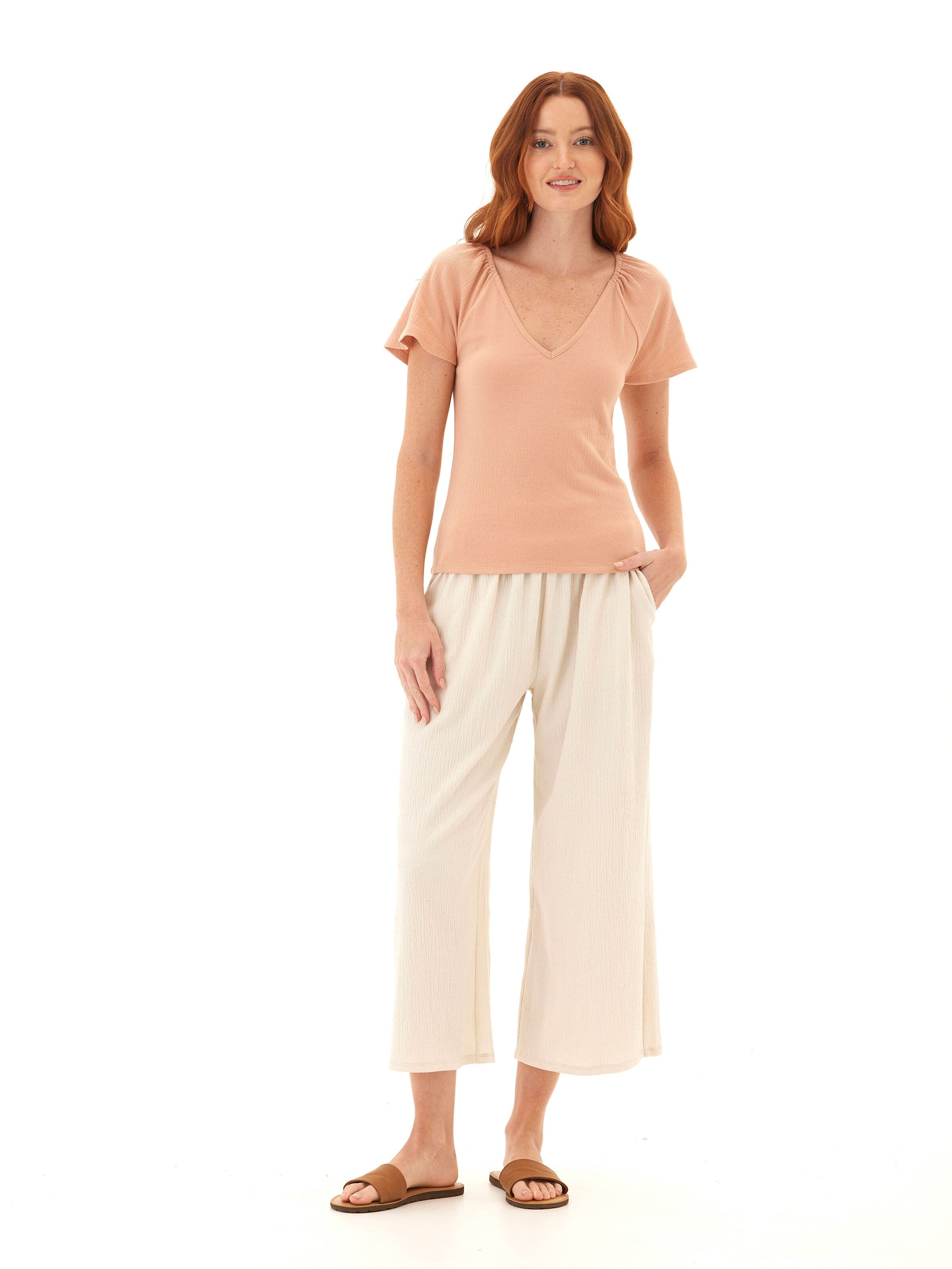 Teresa Smocked Jersey Top in Peach - Minimalist Short Sleeve Tee
