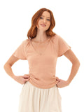 Teresa Smocked Jersey Top in soft peach with V-neck and short sleeves
