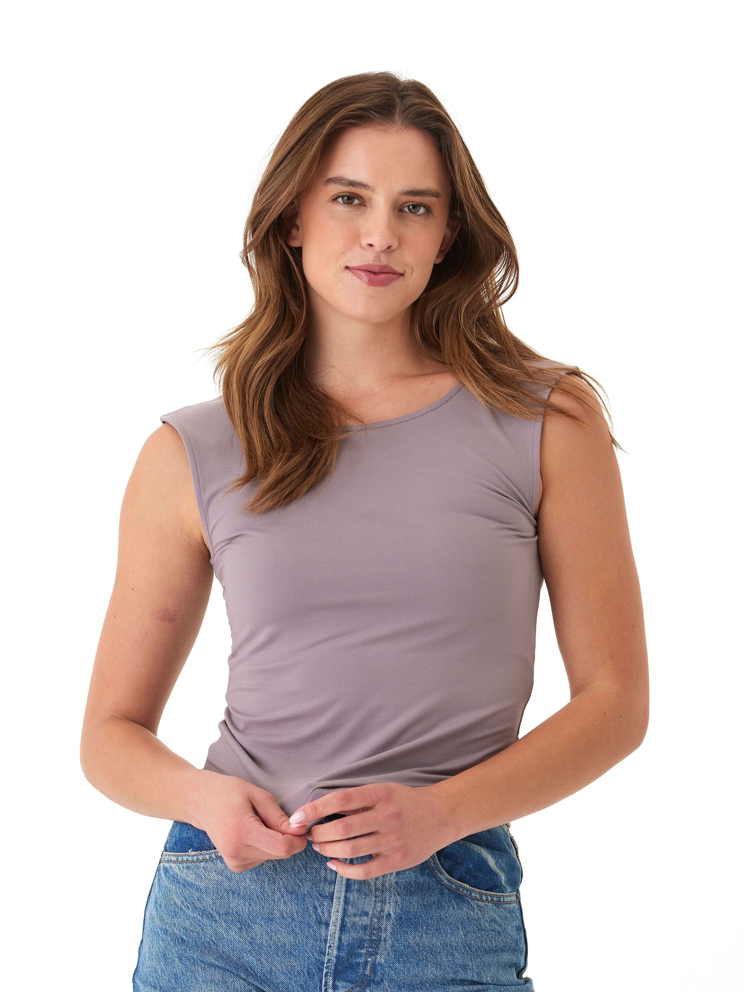 Antonia Luxe Jersey Sleeveless Fitted Top in Dusty Mauve