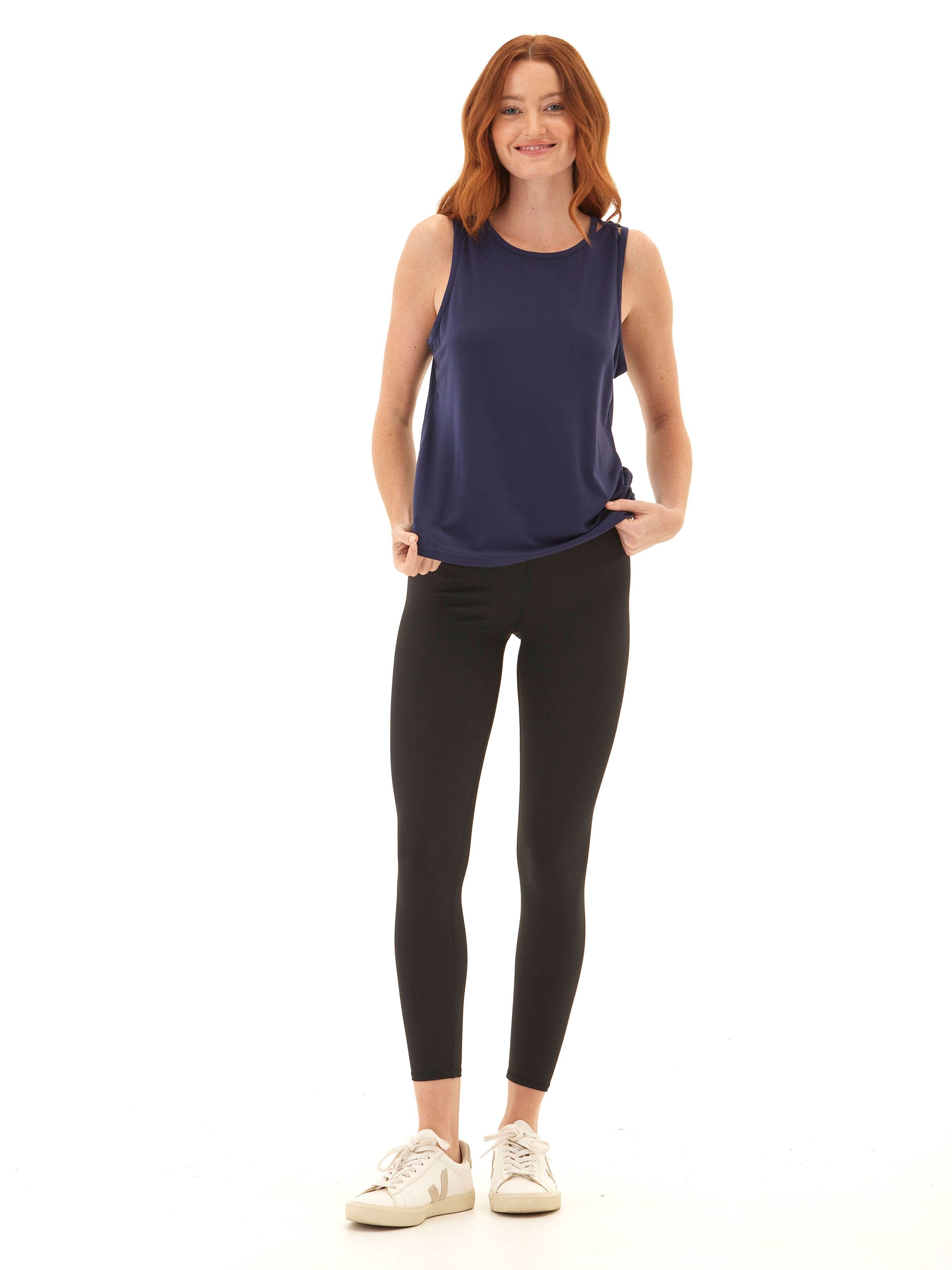 Desirae Tencel Jersey Twist Shoulder Tank in Navy Blue