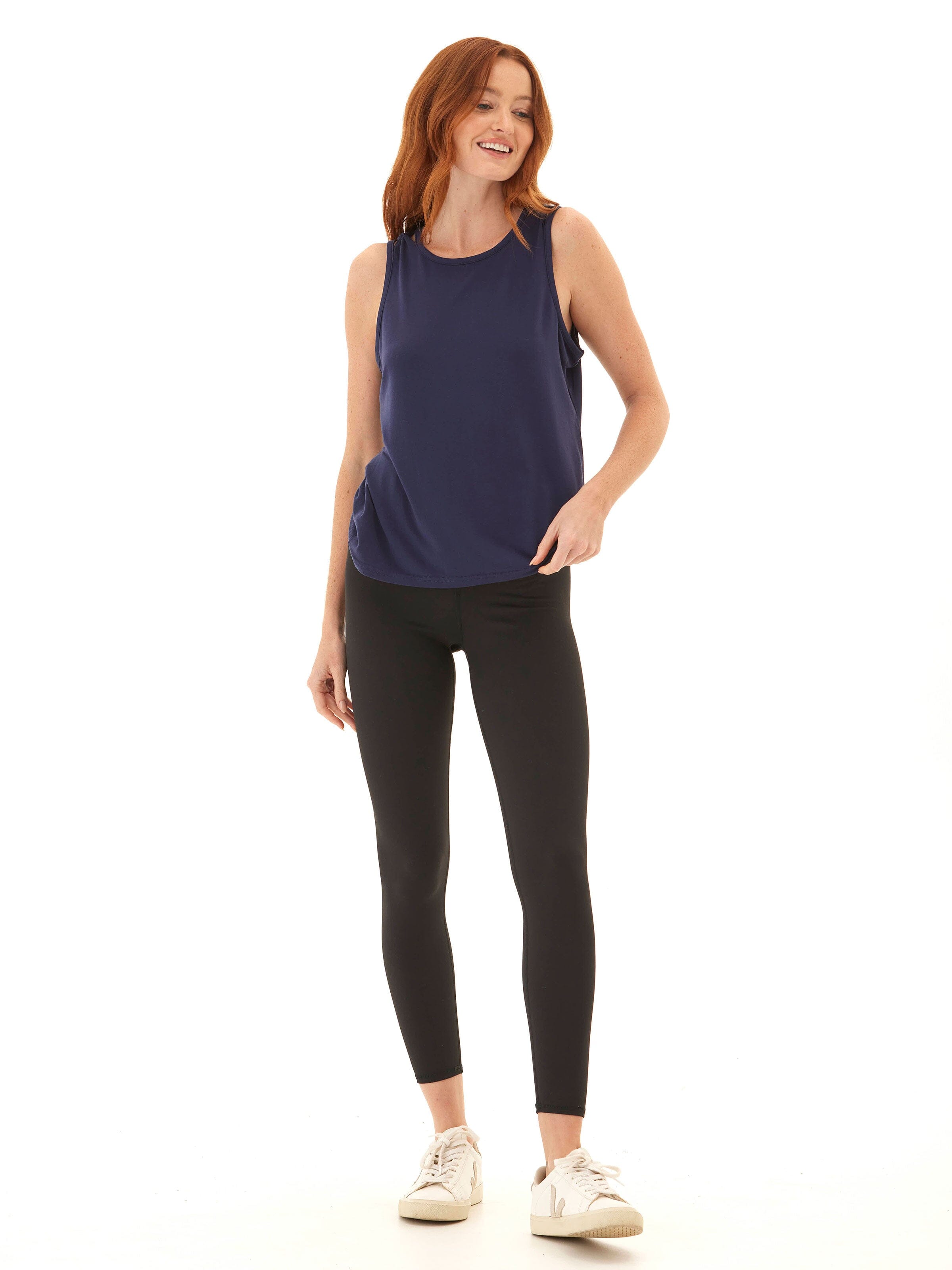 Desirae Tencel Jersey Twist Shoulder Tank in Navy Blue