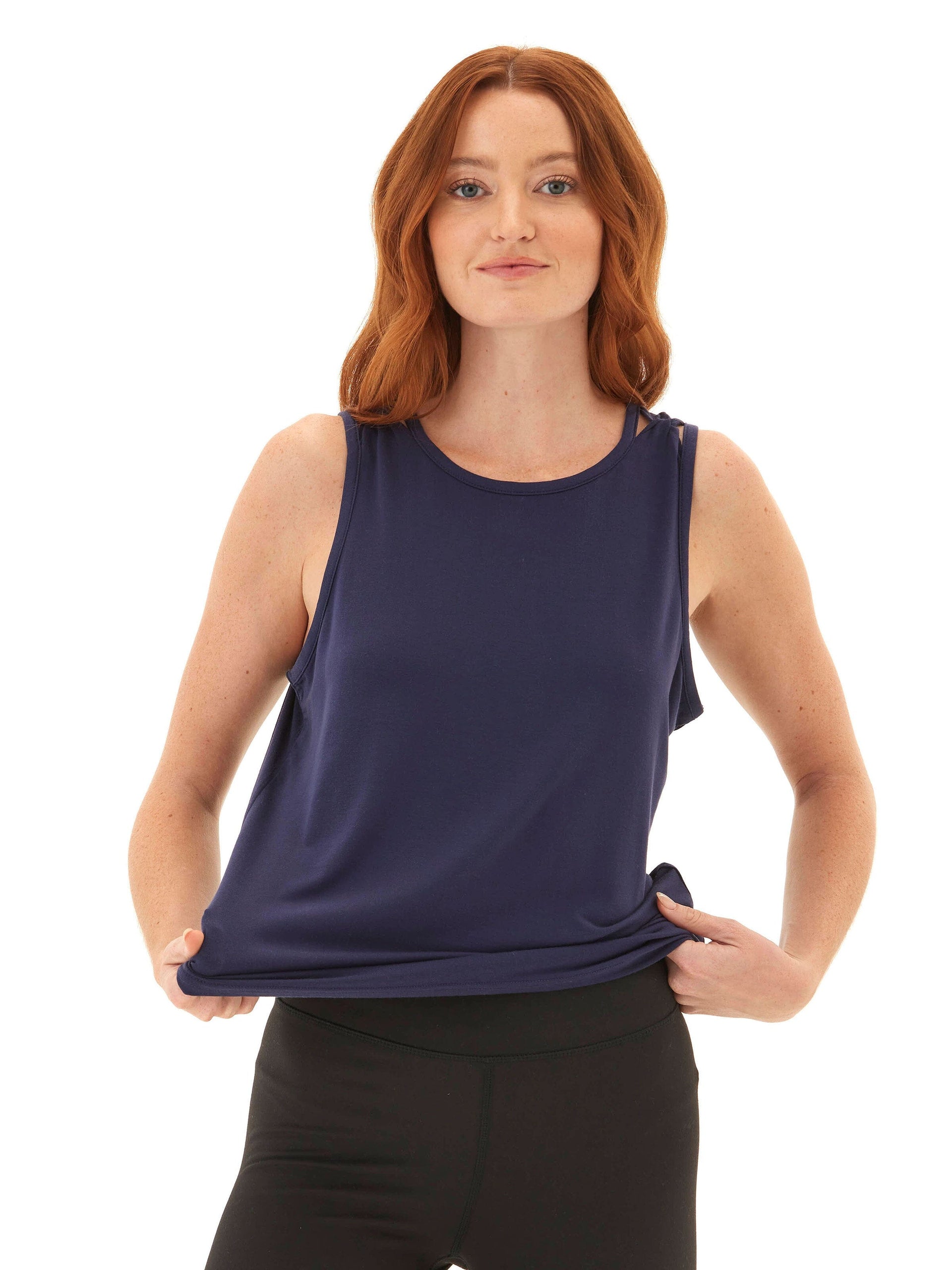 Desirae Tencel Jersey Twist Shoulder Tank in Navy Blue