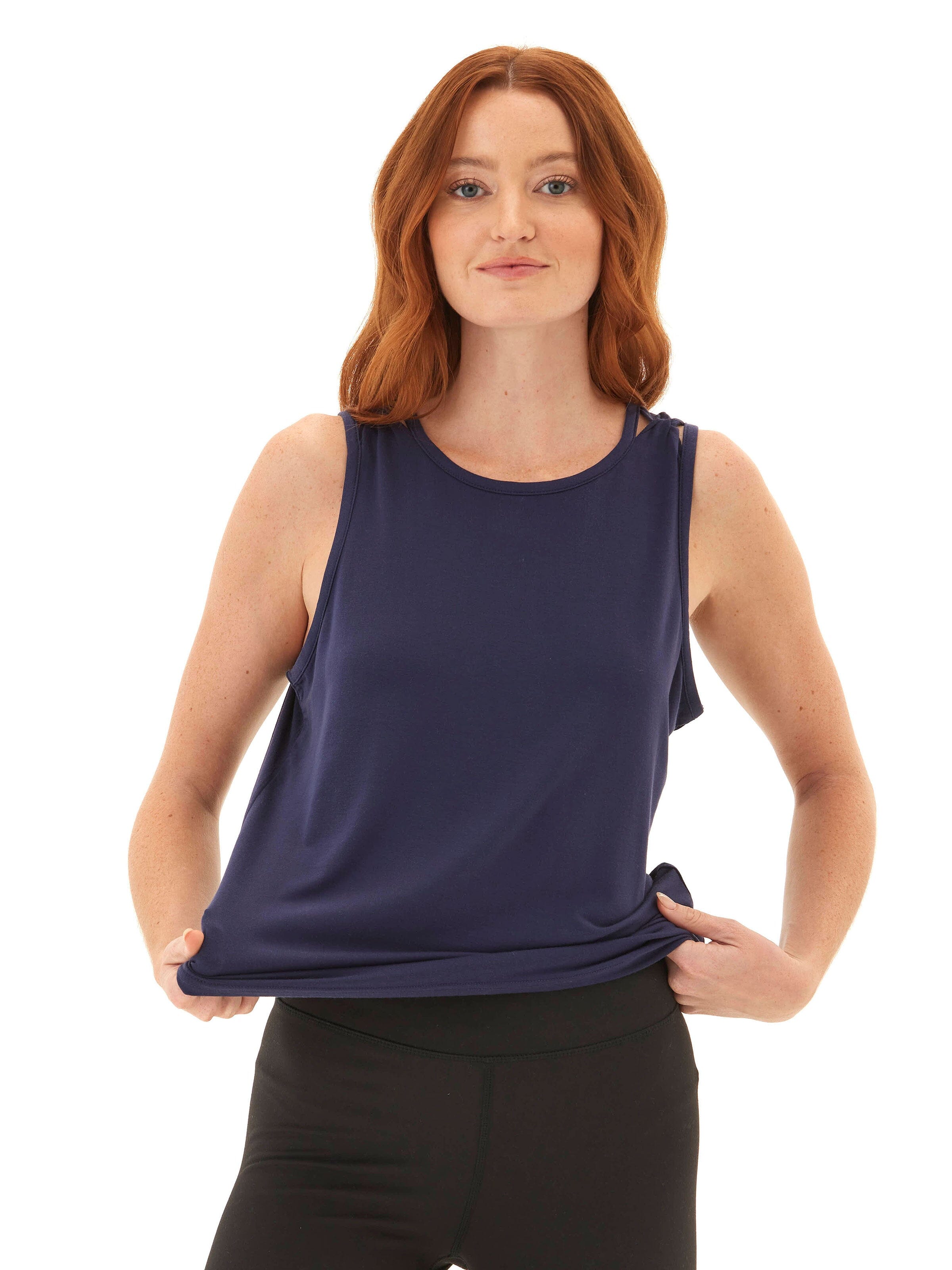 Desirae Tencel Jersey Twist Shoulder Tank in Navy Blue